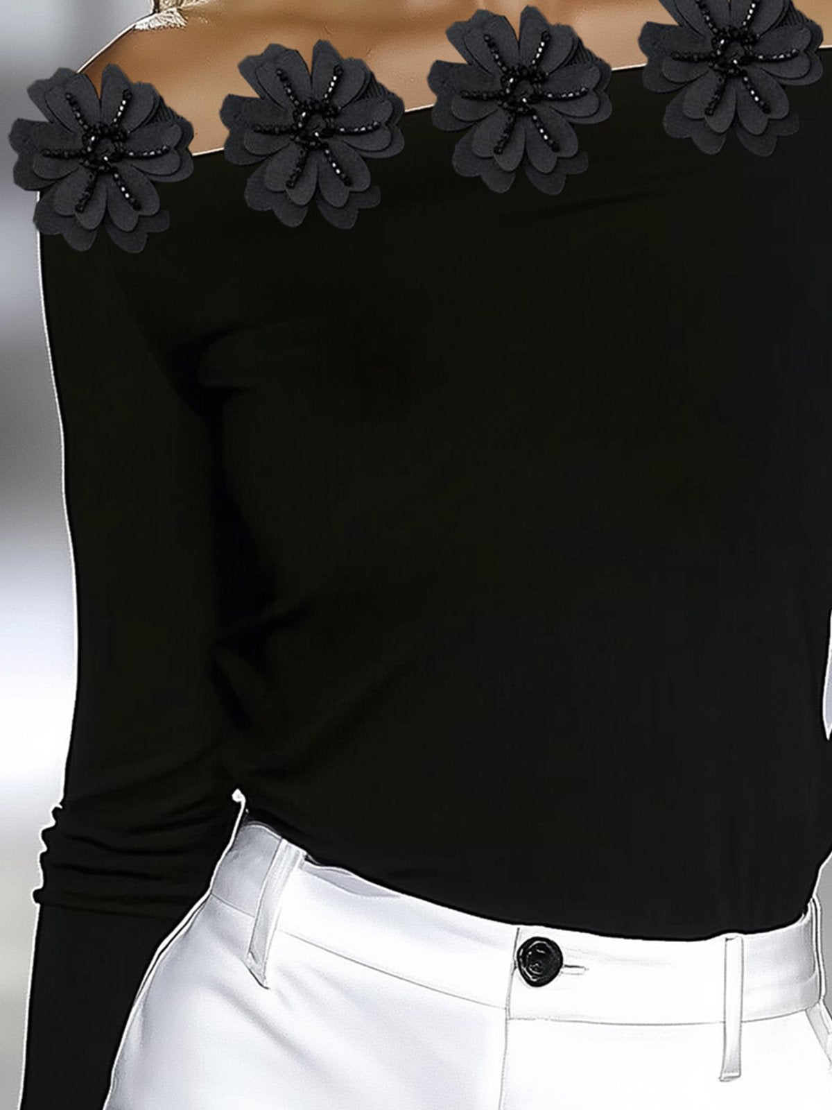 Off-Shoulder Black T-Shirt With 3D Floral Neckline Design