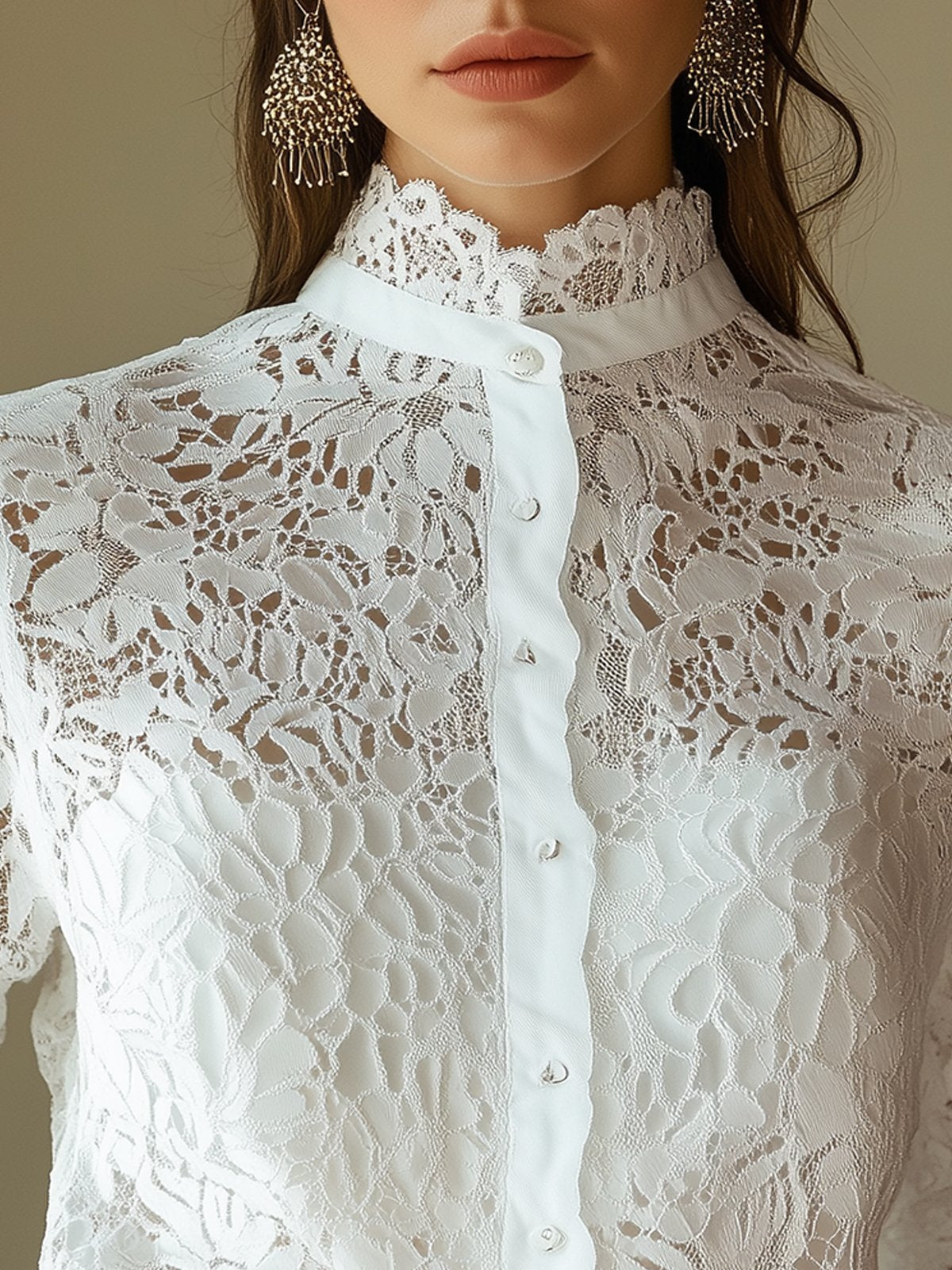 Fashionable Stand Collar Single-Breasted White Lace Blouse