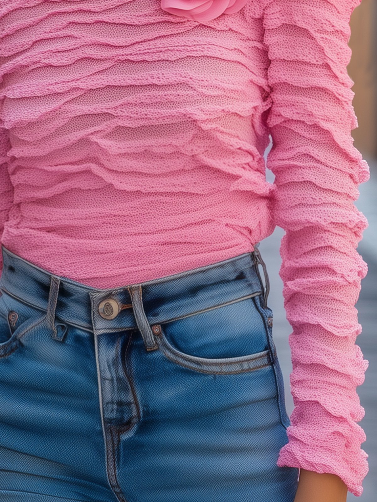 Elegant Off-Shoulder Pink Textured Top With 3D Floral Details