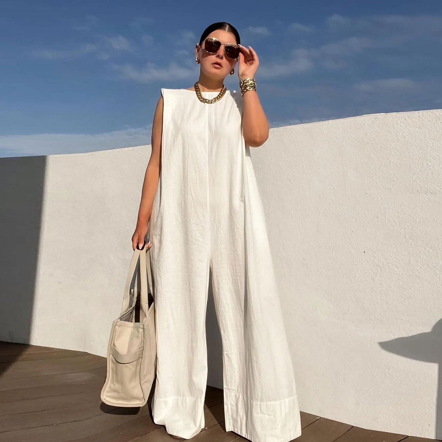 Solid Color Sleeveless Wide Leg Jumpsuits