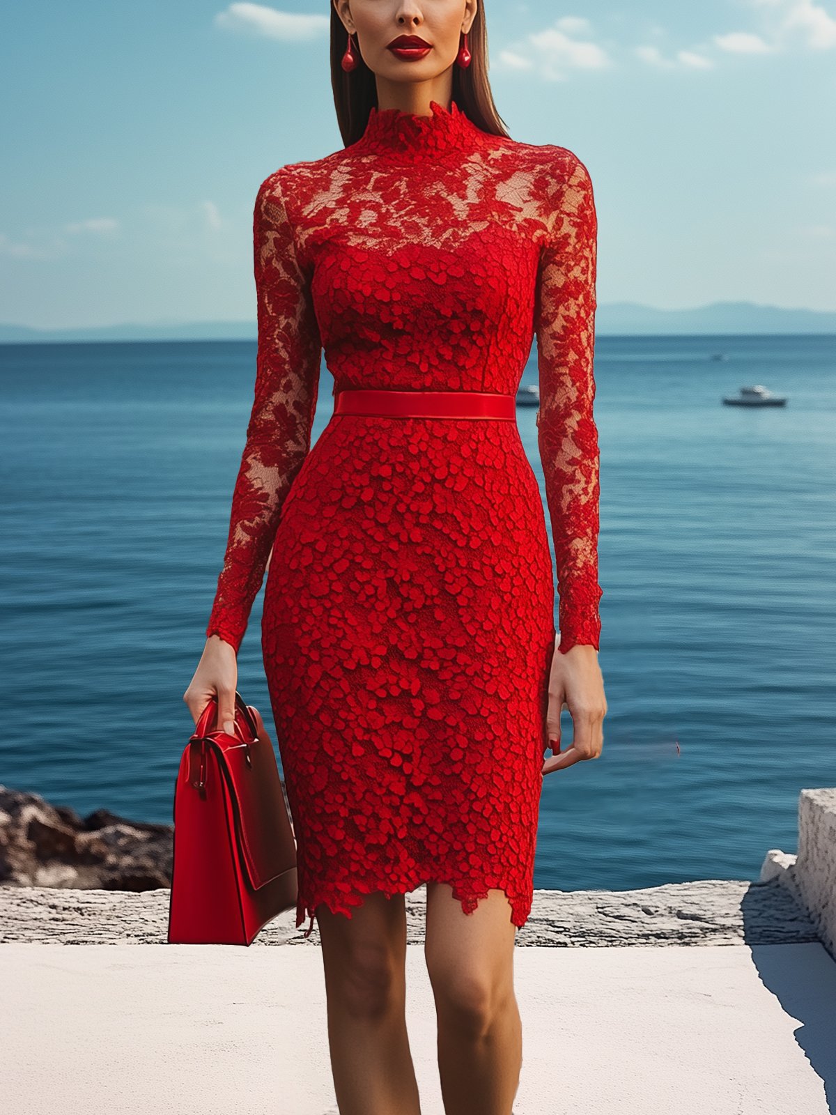 Red Lace High-Neck Long-Sleeve Bodycon Dress