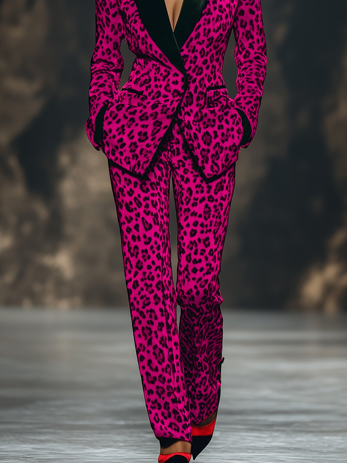 Fashionable Rose Red Velvet Leopard Print Suit