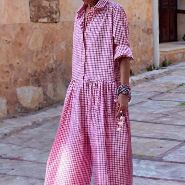 Buttoned Plaid Pleated Lapel Maxi Dresses