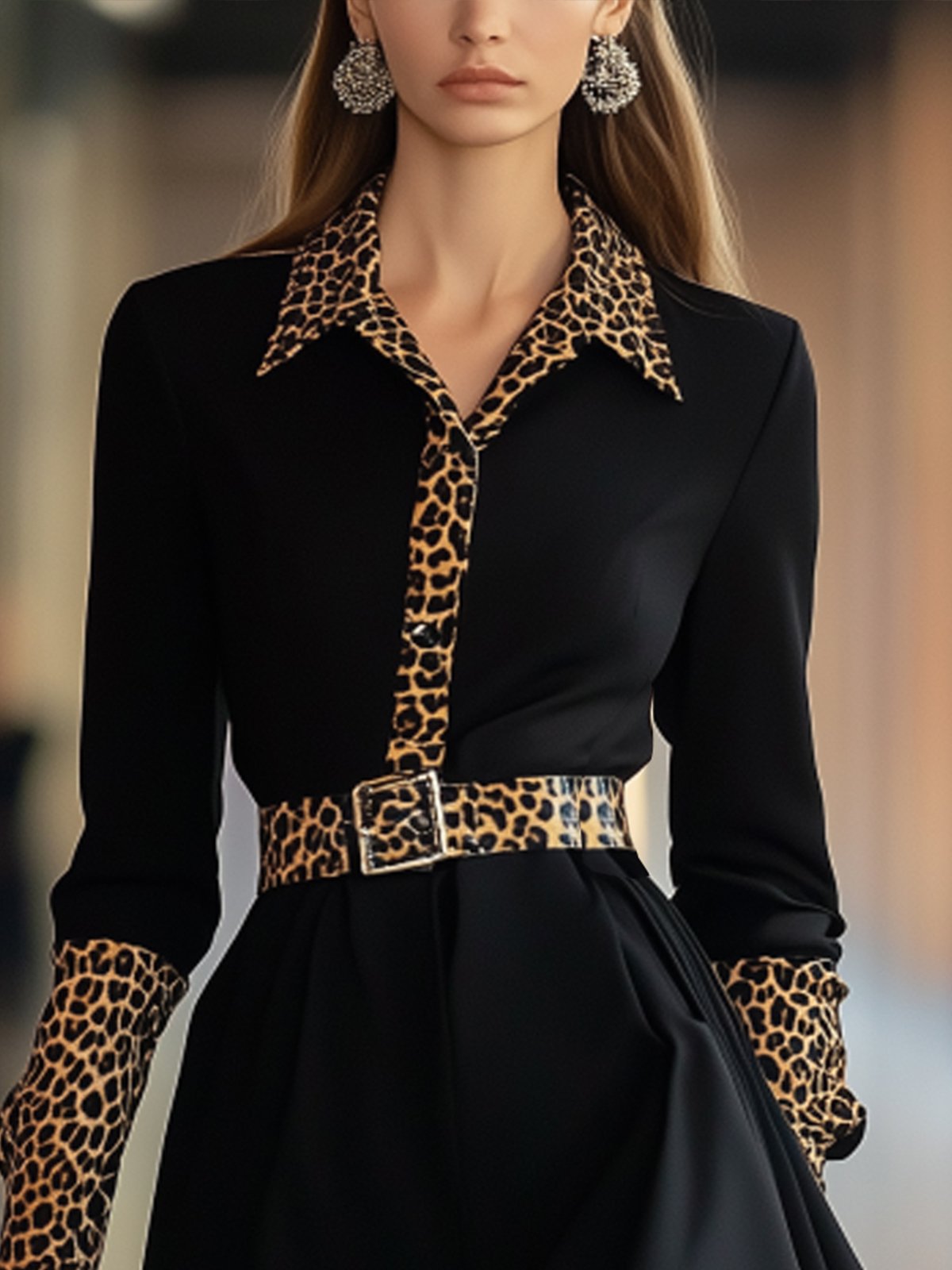 Leopard Print Collared Dress With Cuffed Sleeves And Belt