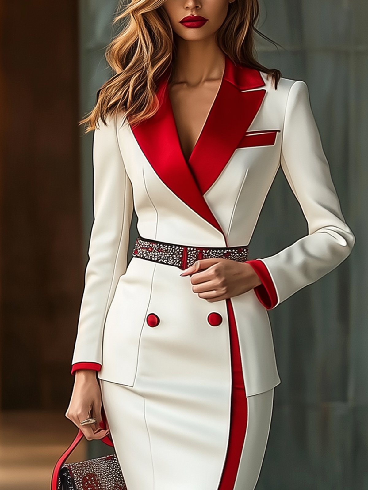 Elegant Red And White Double-Breasted Dress