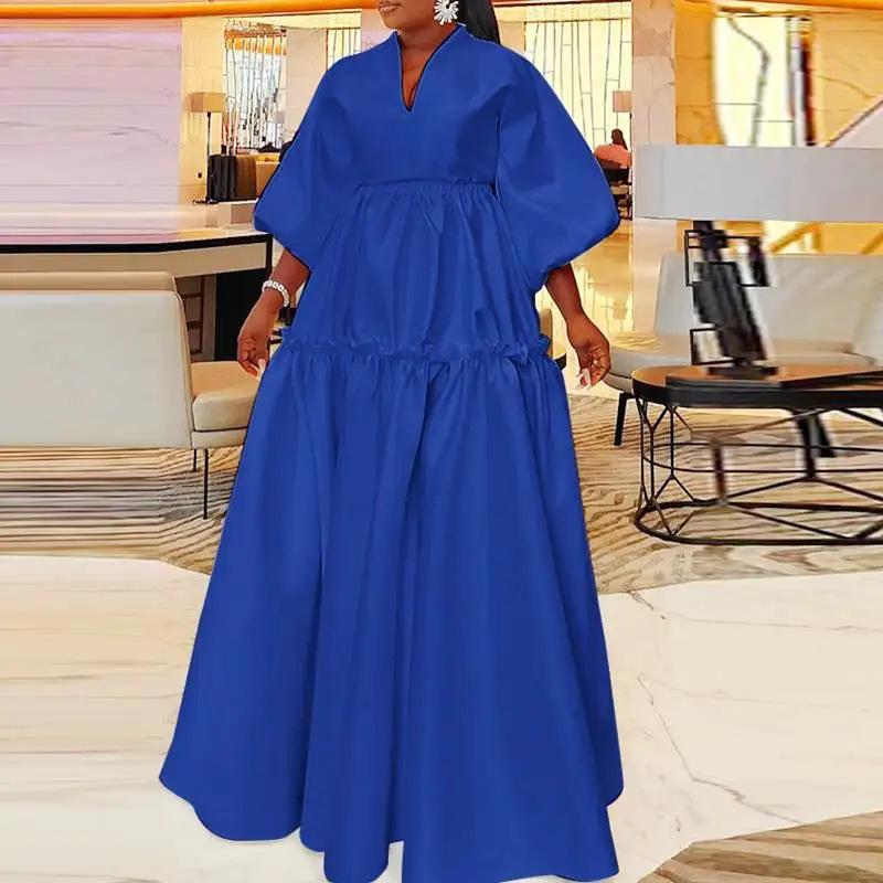 High Waisted Puffed Sleeve V-Neck Maxi Dress