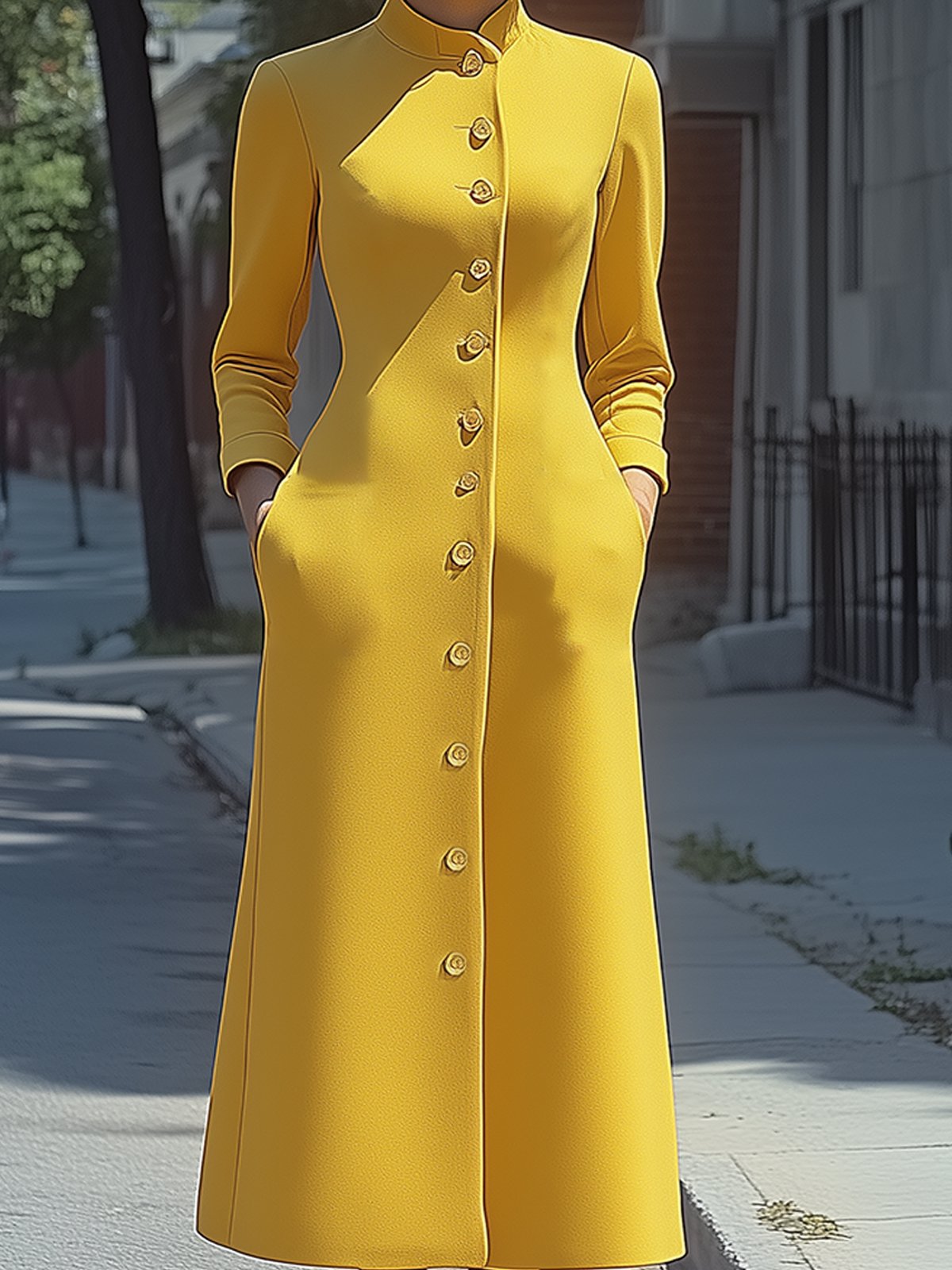 Regular Fit Regular Sleeve Stand Collar Long Sleeve Elegant Maxi Dress