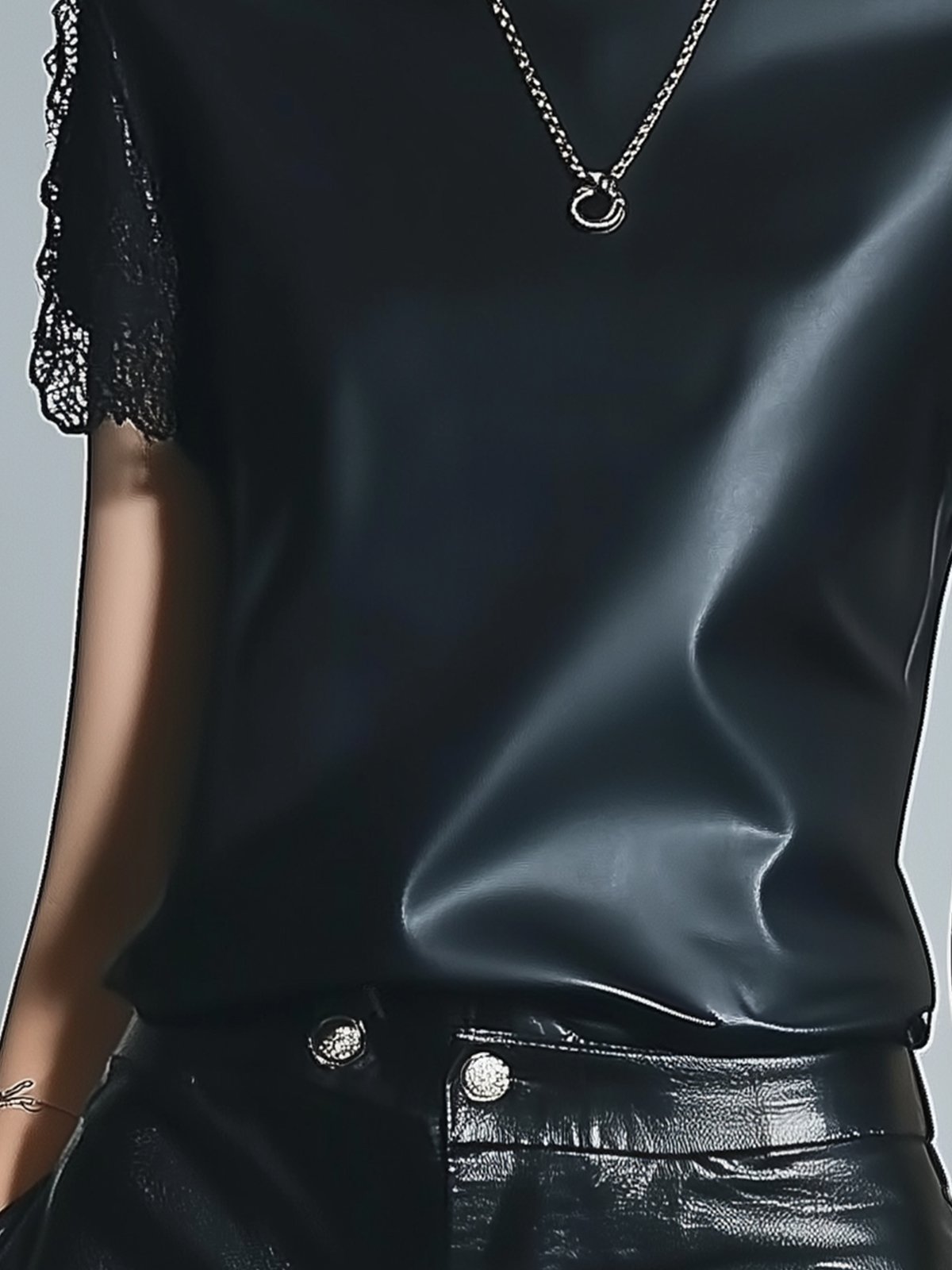 Unique Black Faux Leather T-shirt With Lace Short Sleeves