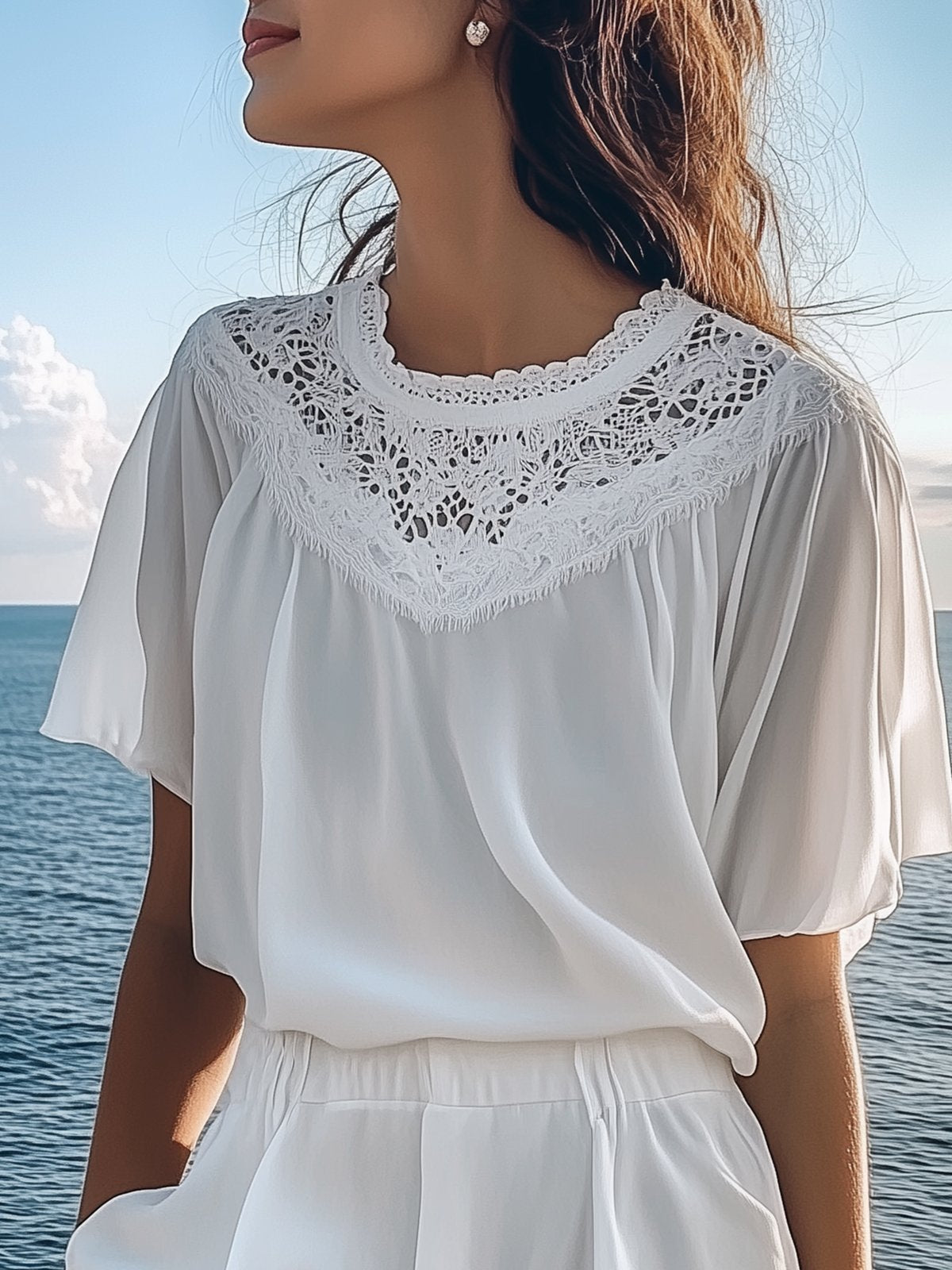 White Chiffon Short-Sleeve Top With Lace Neckline