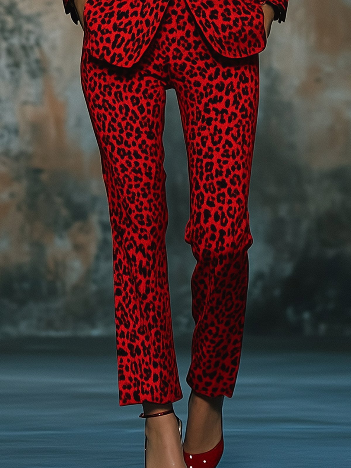 High Quality Red Satin Leopard Print Suit