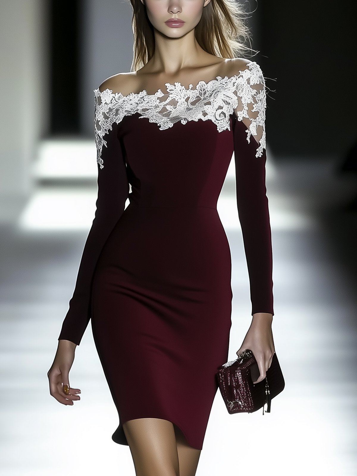 Elegant Burgundy Bodycon Dress With White Lace Neckline