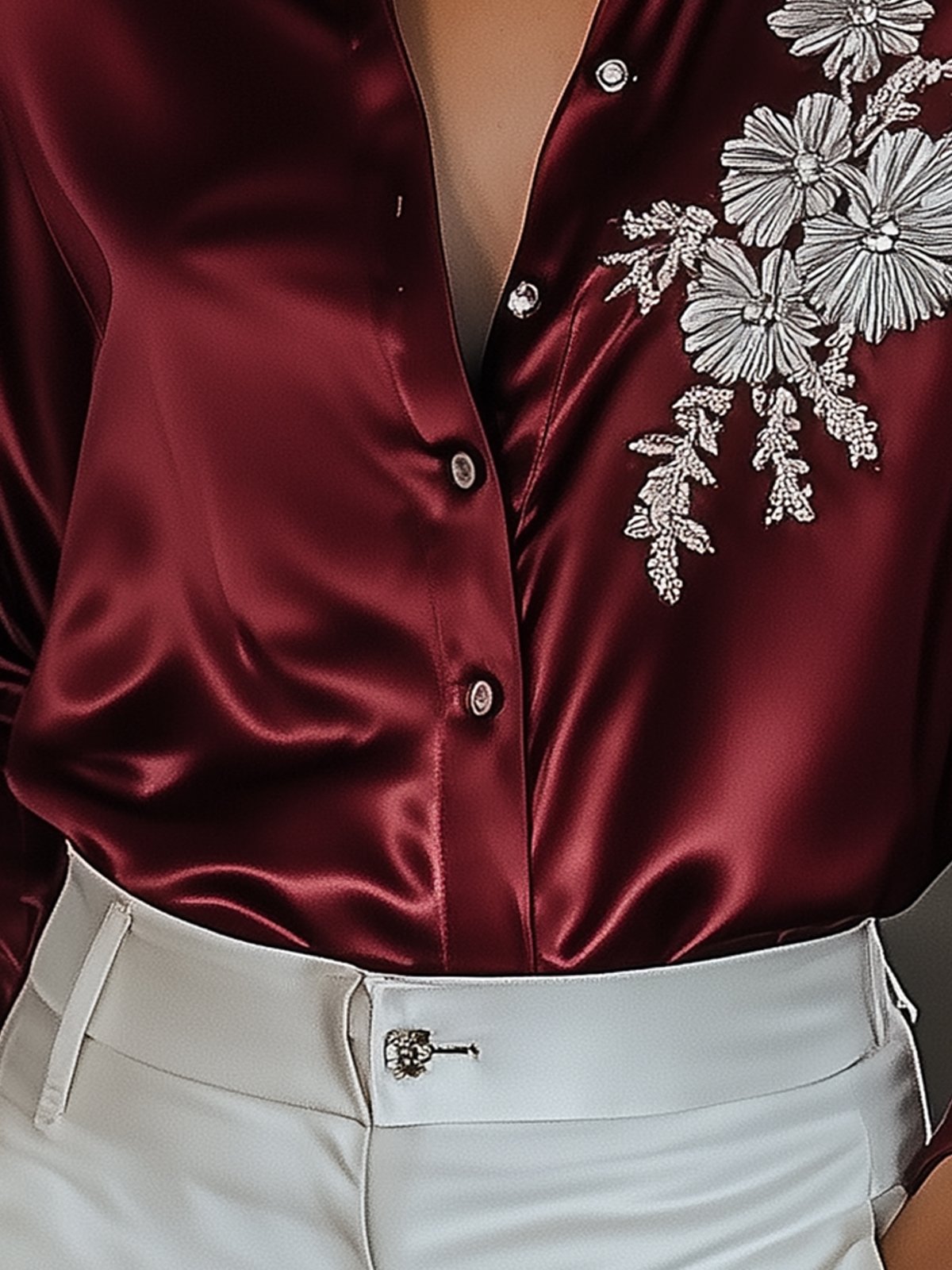 Burgundy Satin Shirt With Silver Floral Embroidery