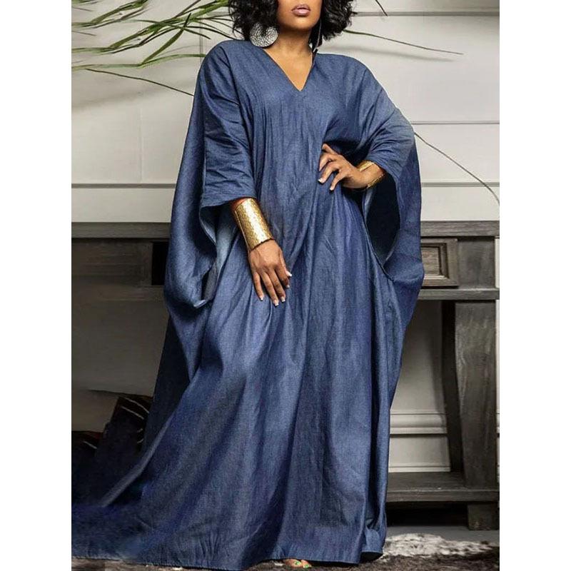 Batwing Sleeves Split-Joint V-neck Maxi Dresses