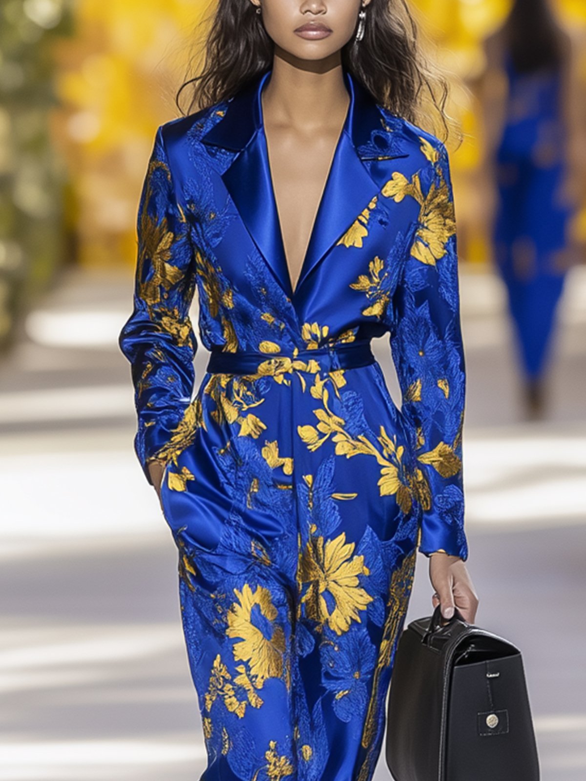 Fashionable Blue Satin Gold Print Jumpsuit