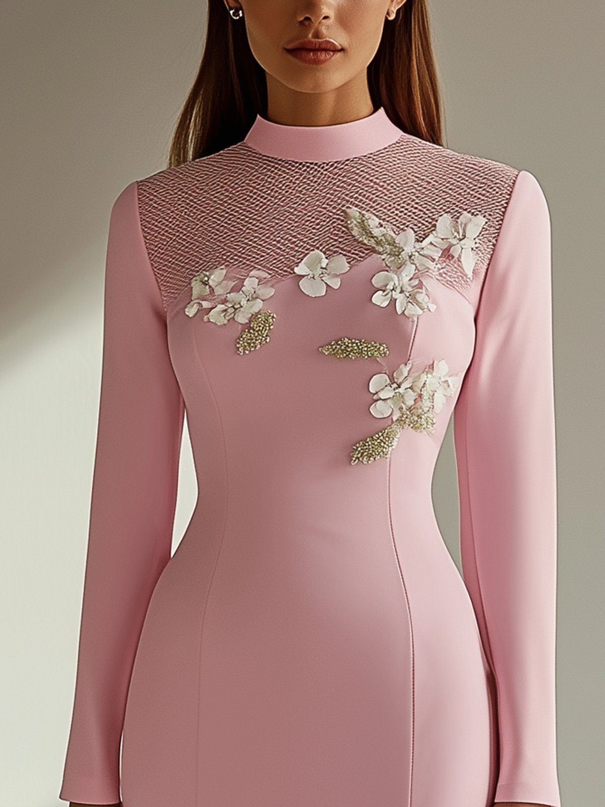 Pink Long-Sleeve Bodycon Dress With Mesh Neckline And Floral Embroidery