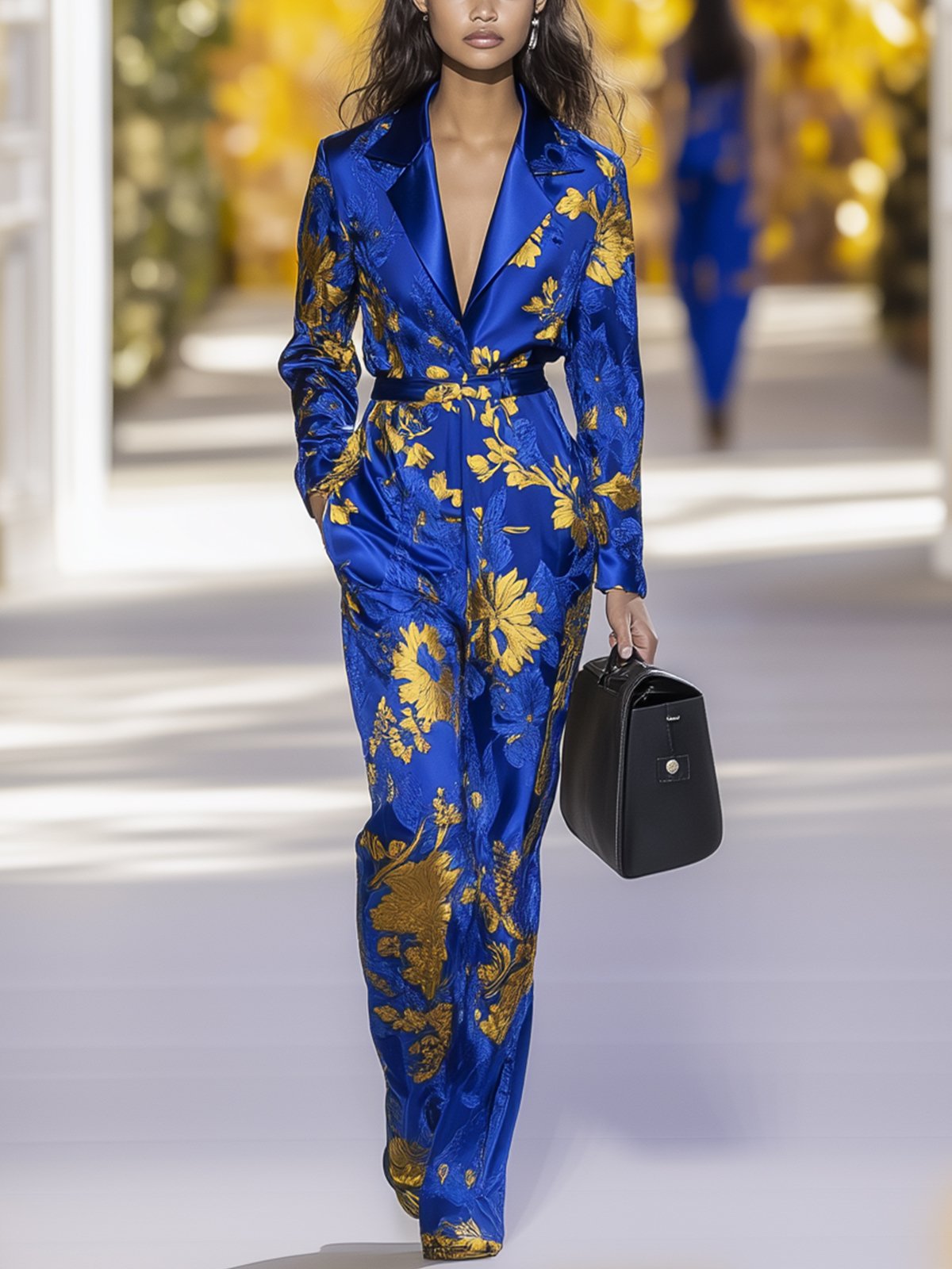 Fashionable Blue Satin Gold Print Jumpsuit