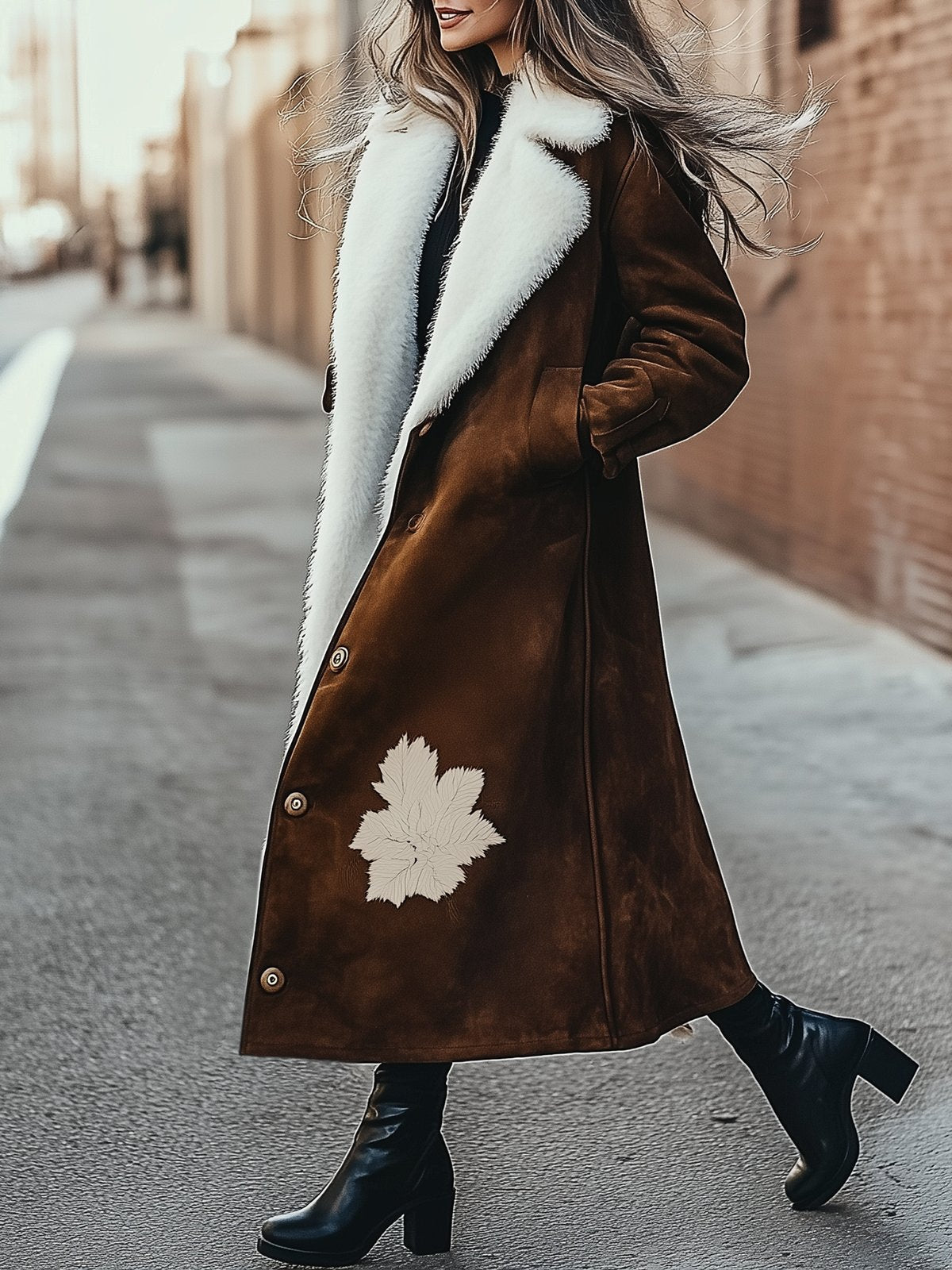 Warm Coat With Fur Lining And Maple Leaf Print