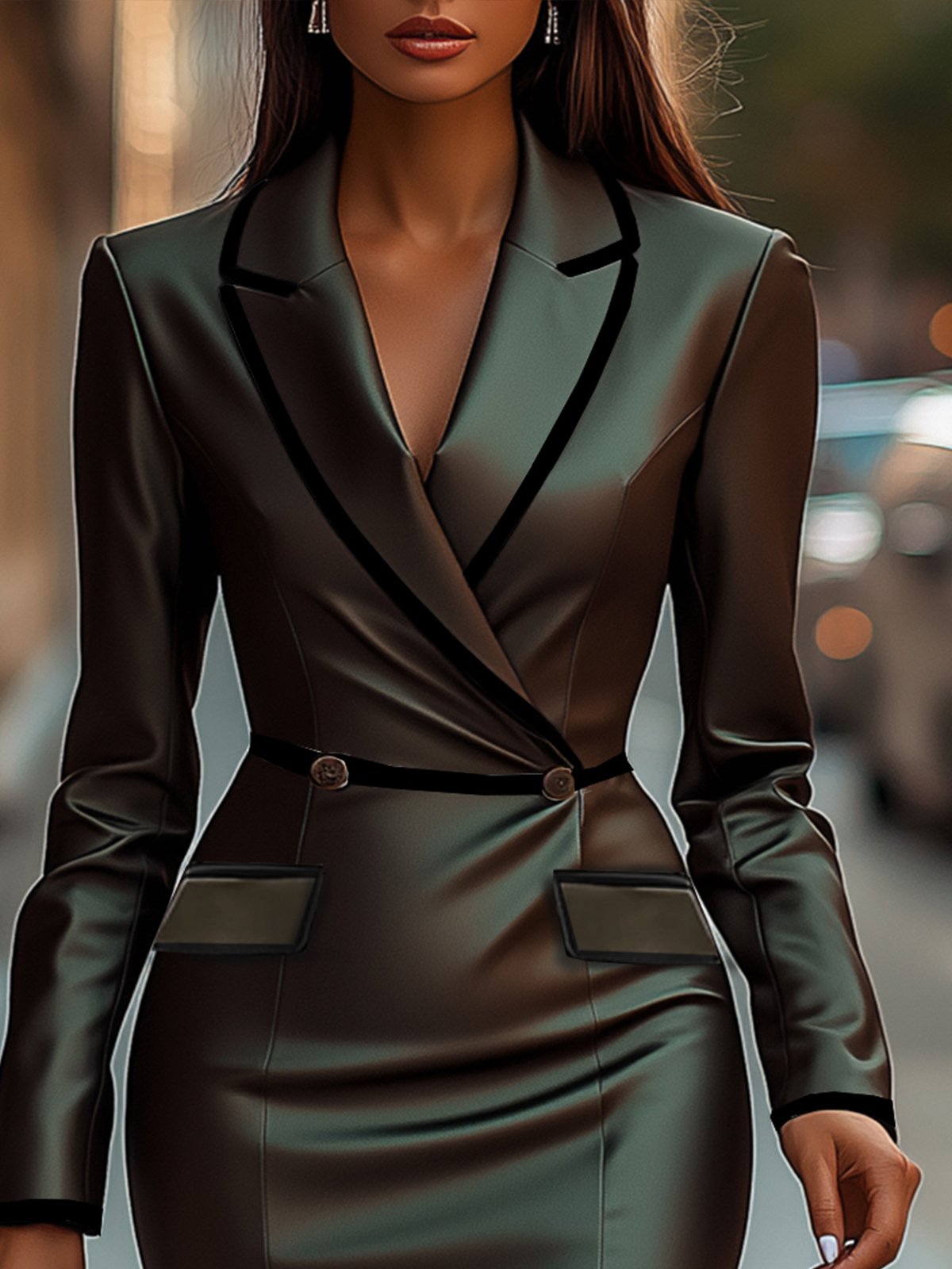 Green Lapel Long Sleeve Dress