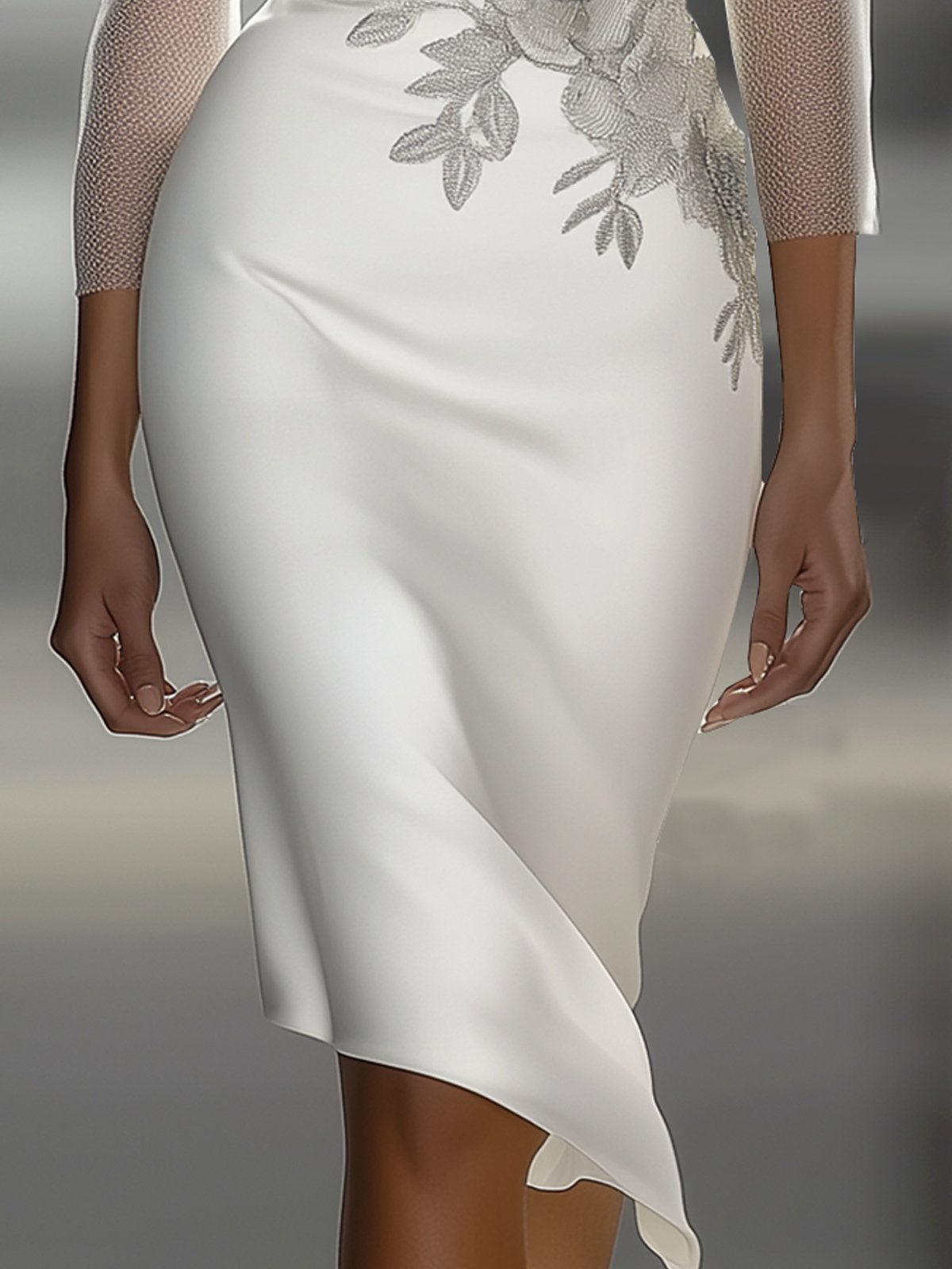 White Satin Embroidered Bodycon Dress With Mesh Sleeves