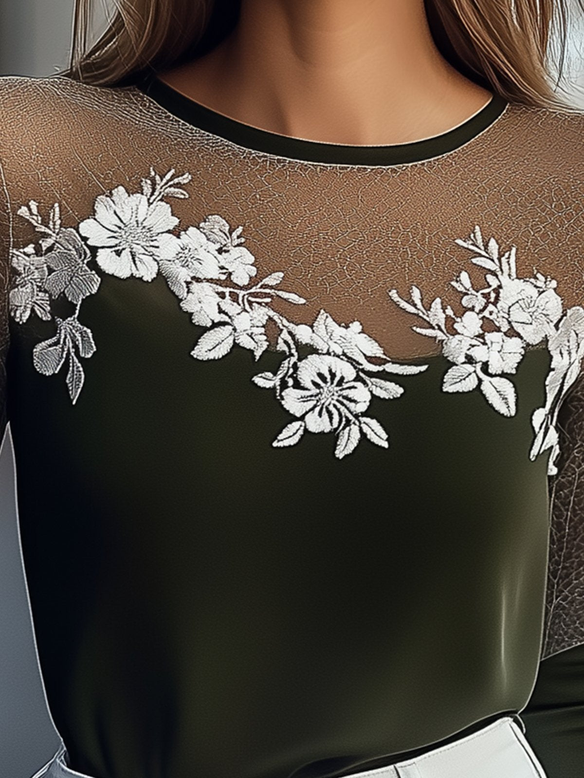 Army Green Floral Embroidered T-Shirt With Mesh Neckline And Sleeves