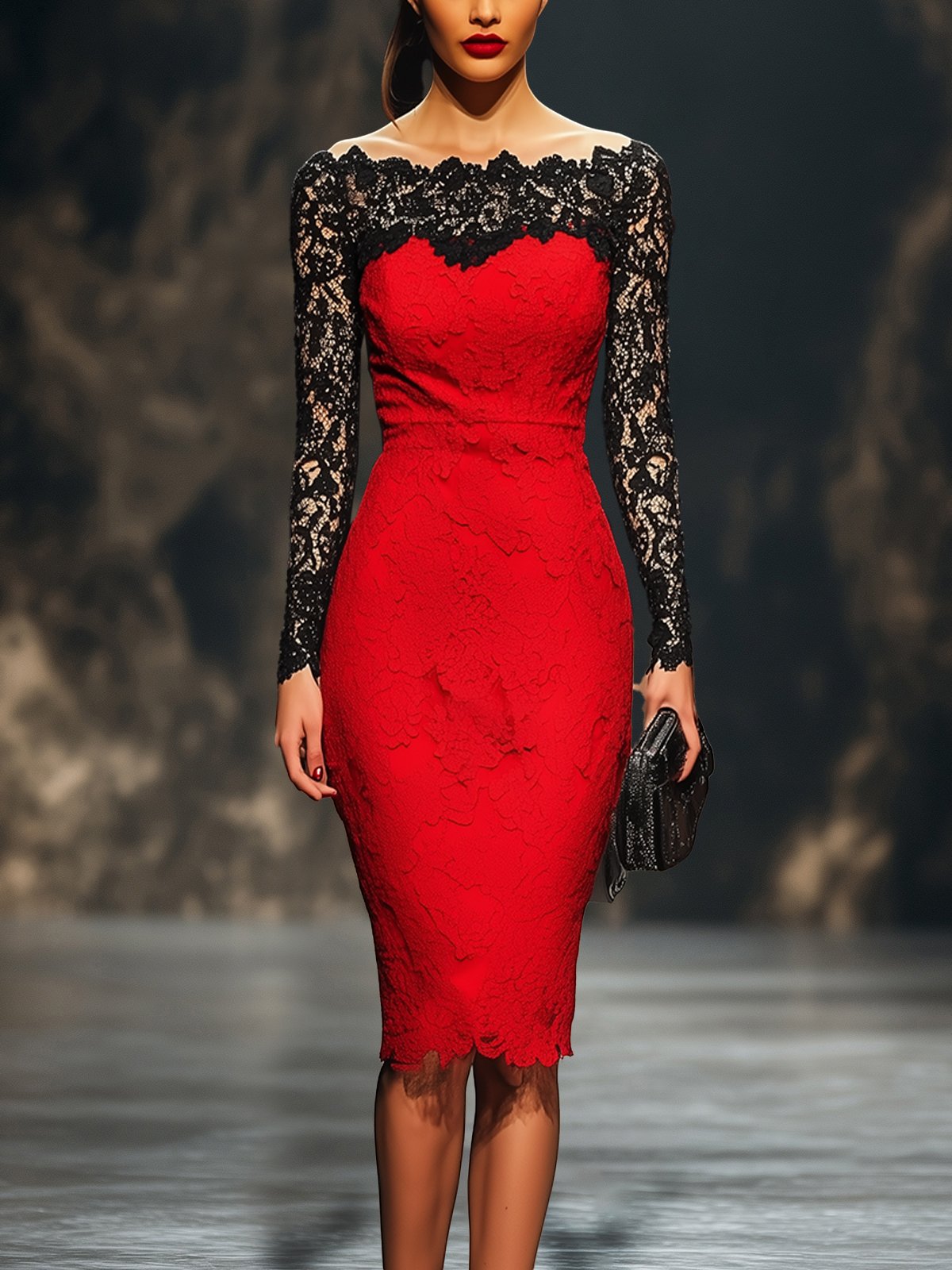 Red Lace Dress With Black Lace Neckline And Sleeves