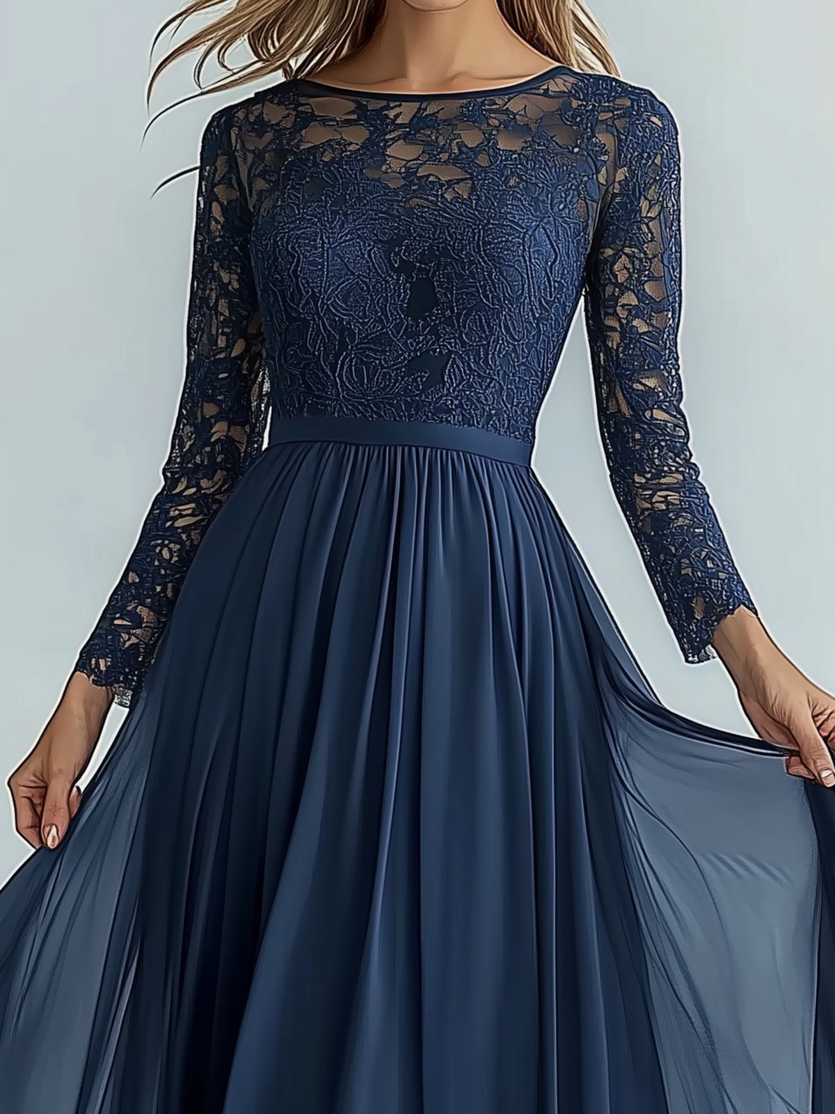 Elegant Navy Blue Lace And Chiffon Maxi Dress