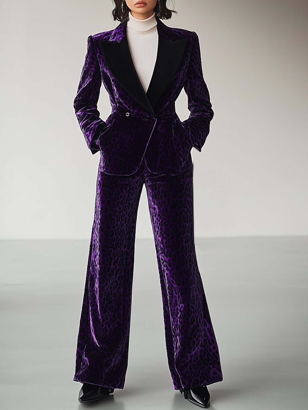 Purple Velvet Leopard Print Blazer And Pants Suit