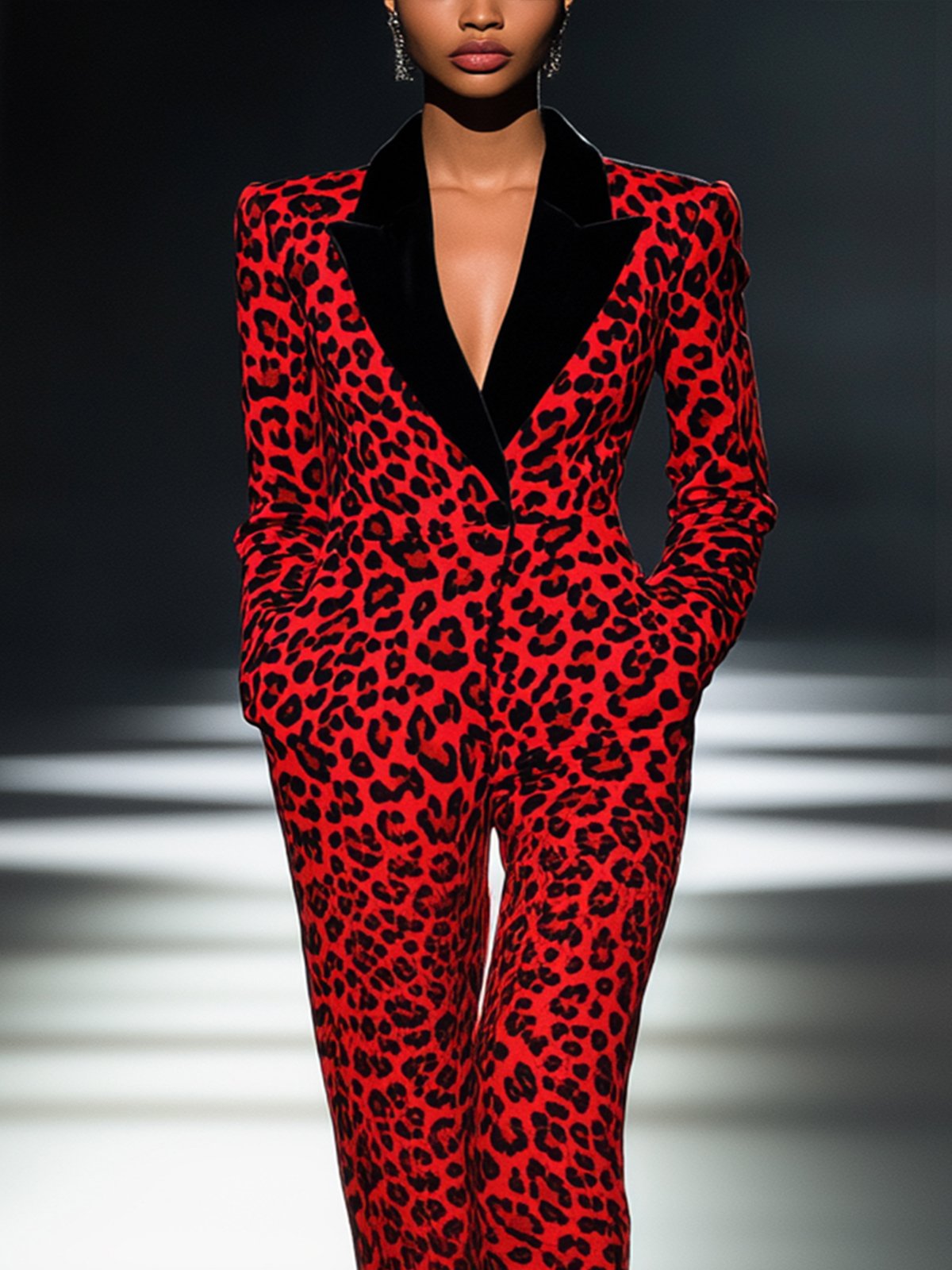 Warm Red Velvet Leopard Print Jumpsuit