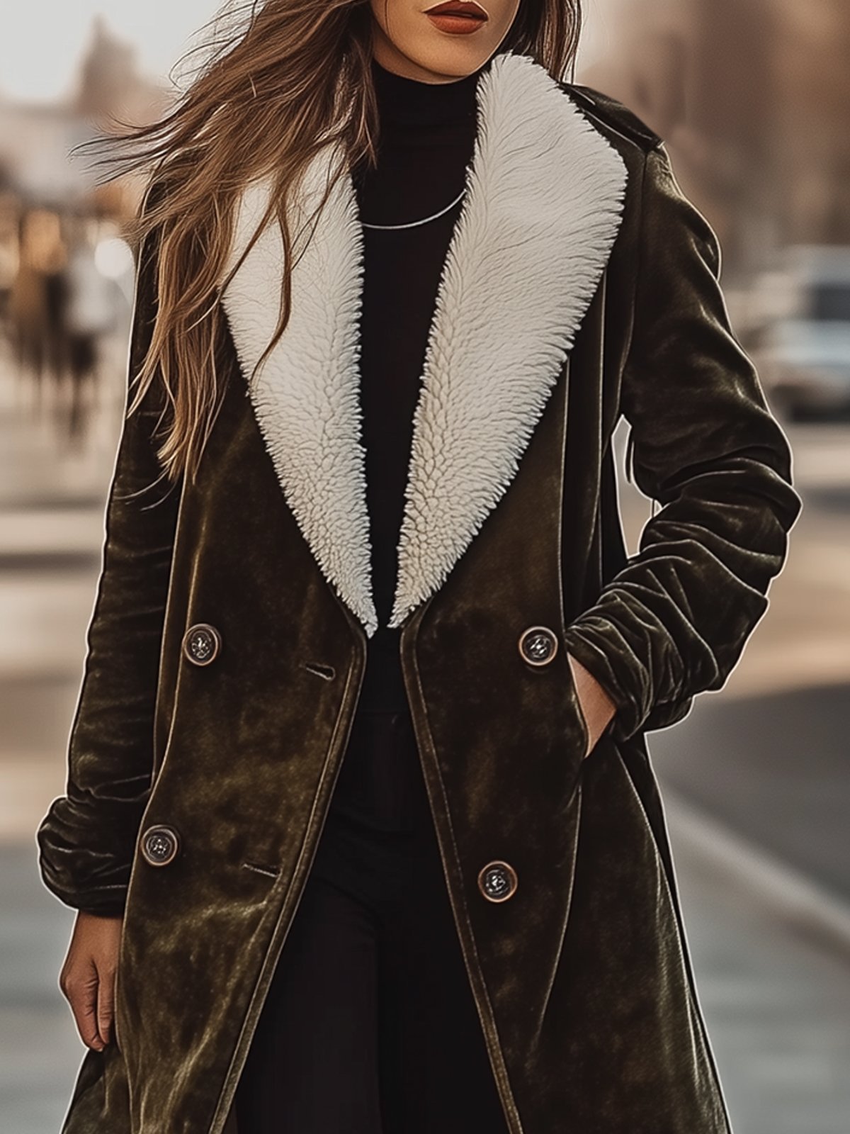 Olive Green Velvet Coat With Fur Turn Down Collar