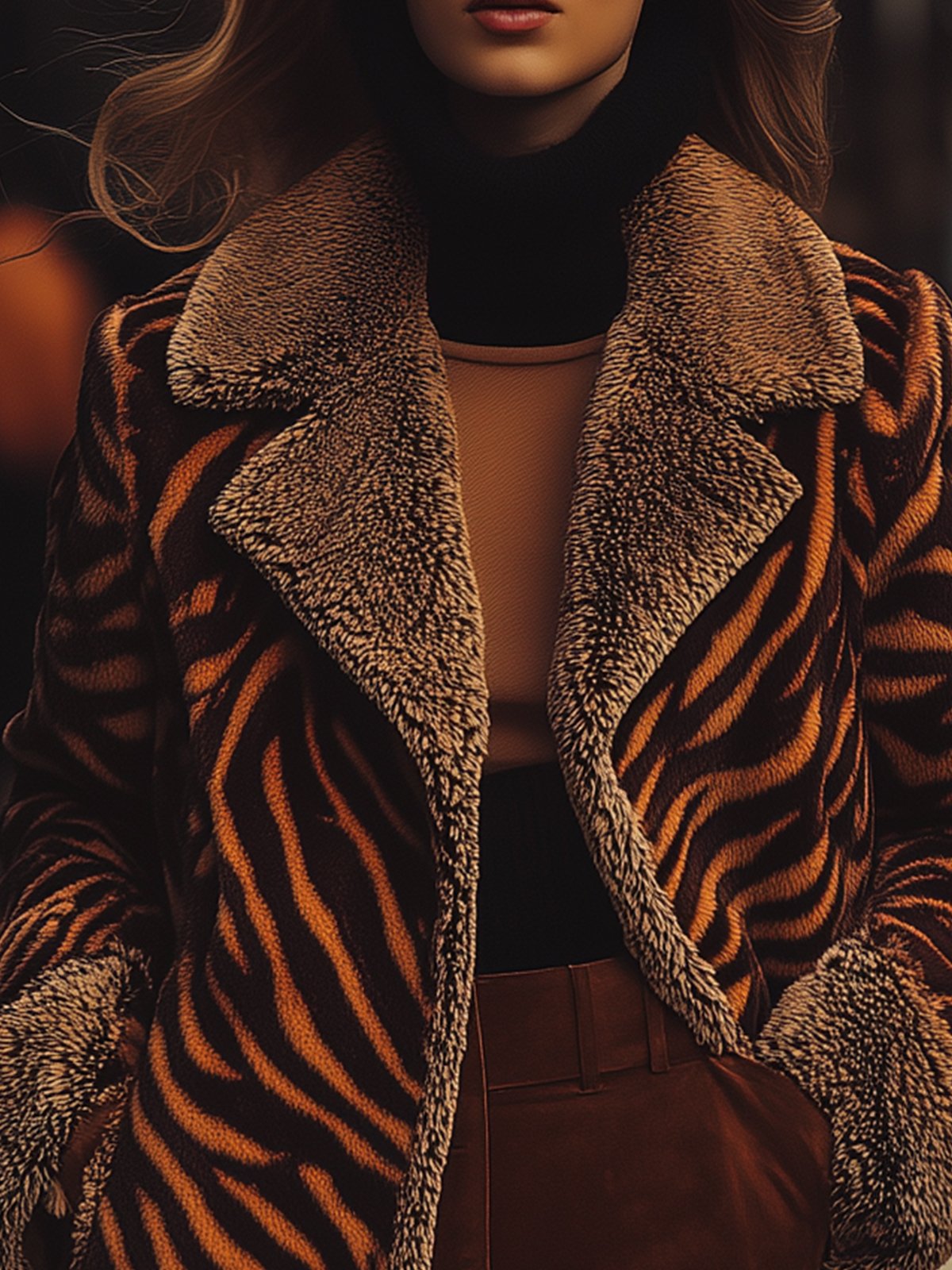 Brown Zebra Print Fur Lined Collar Warm Coat