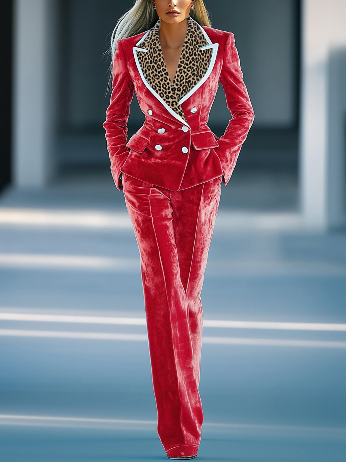 Red Velvet Suit With Leopard Print Collar