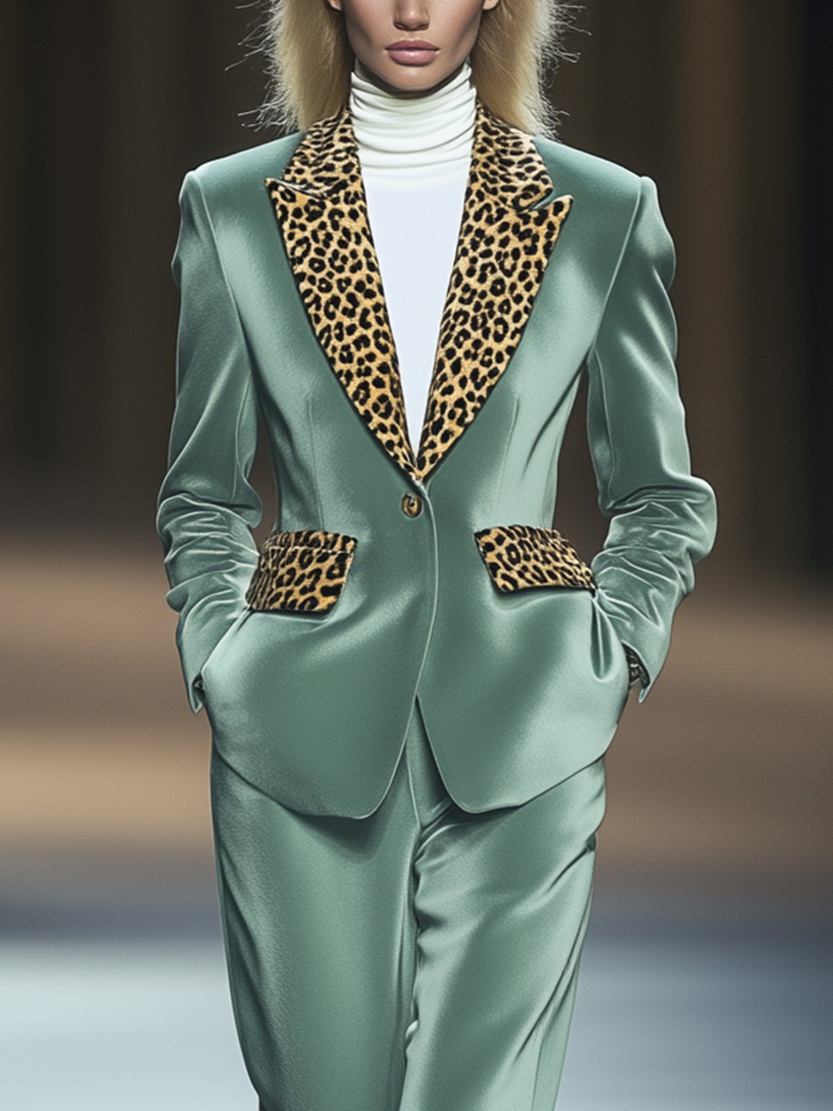 Classic Green Velvet Leopard Print Suit