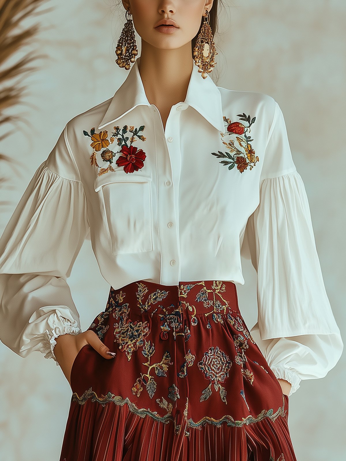 Lantern Sleeve Floral Embroidered Blouse