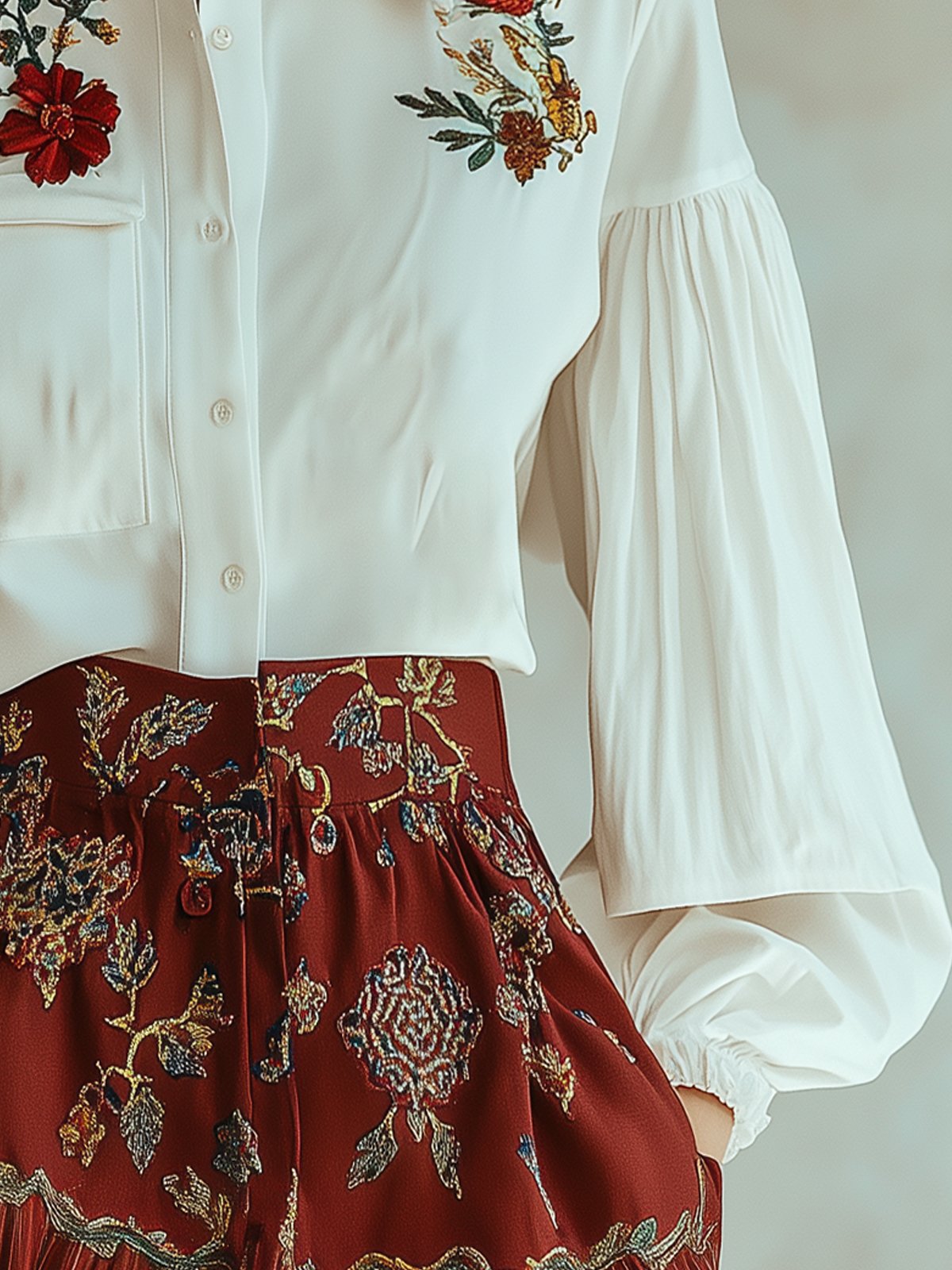 Lantern Sleeve Floral Embroidered Blouse