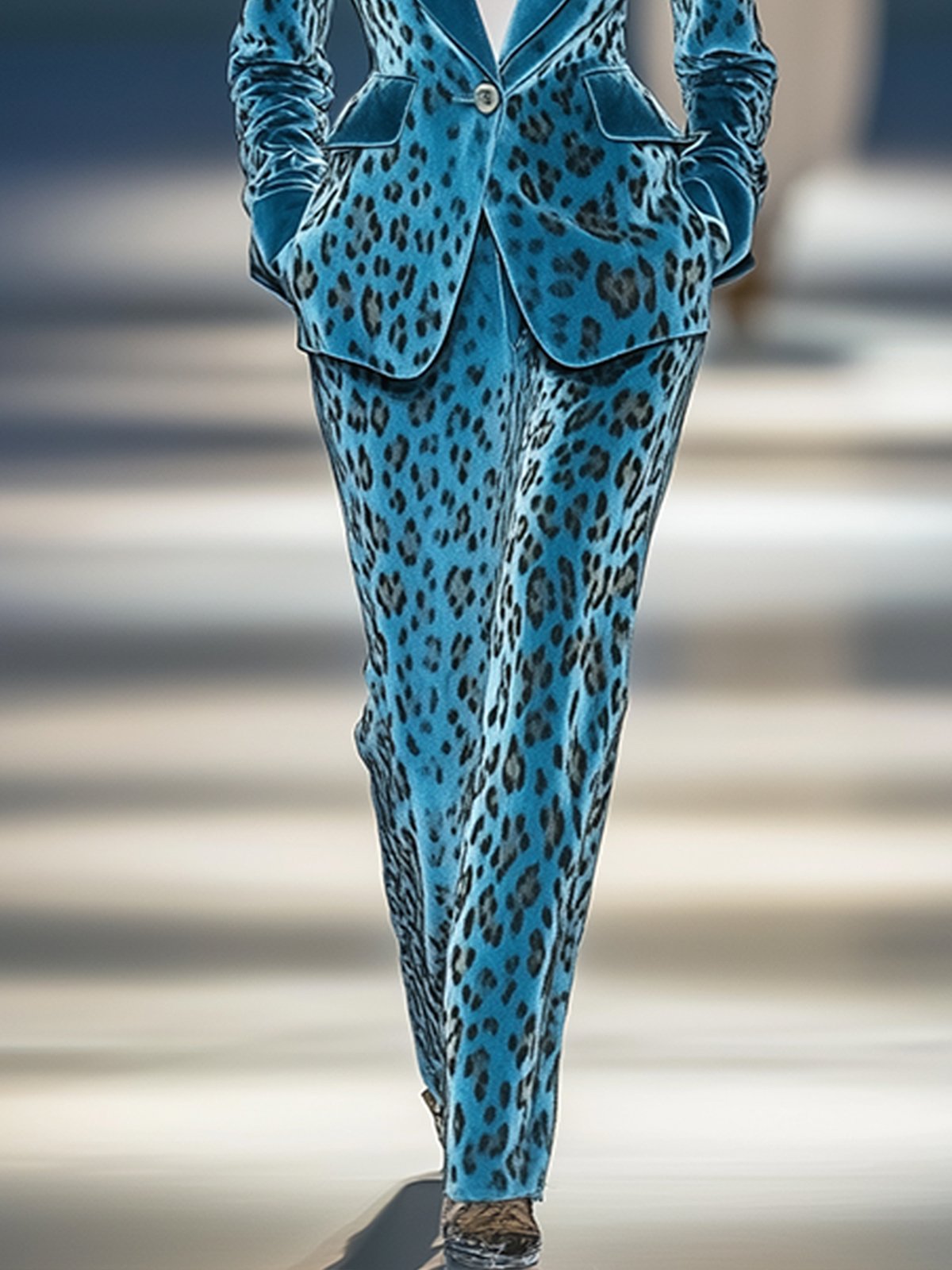 Light Blue Velvet Leopard Print Blazer And Pants Suit