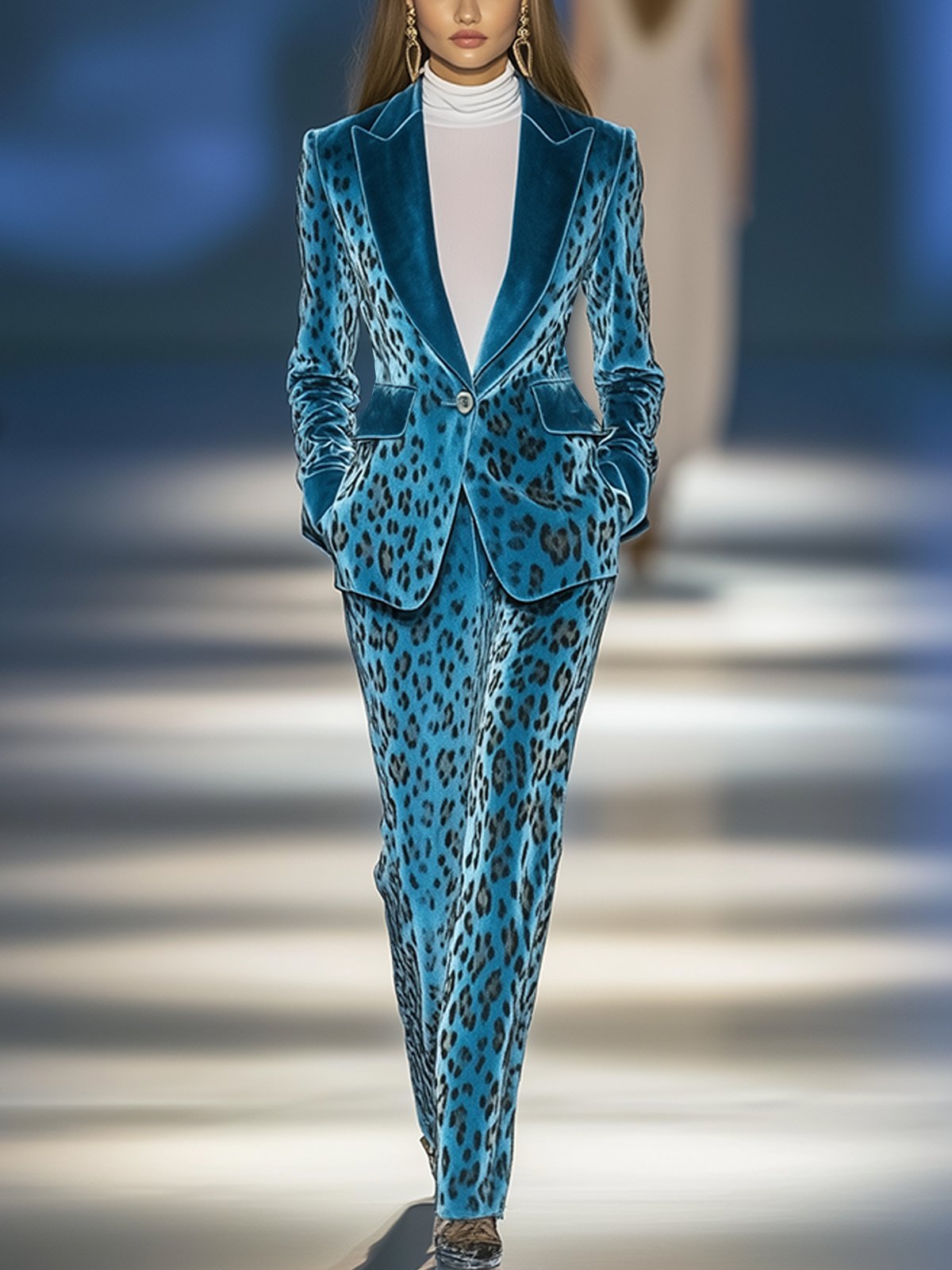 Light Blue Velvet Leopard Print Blazer And Pants Suit