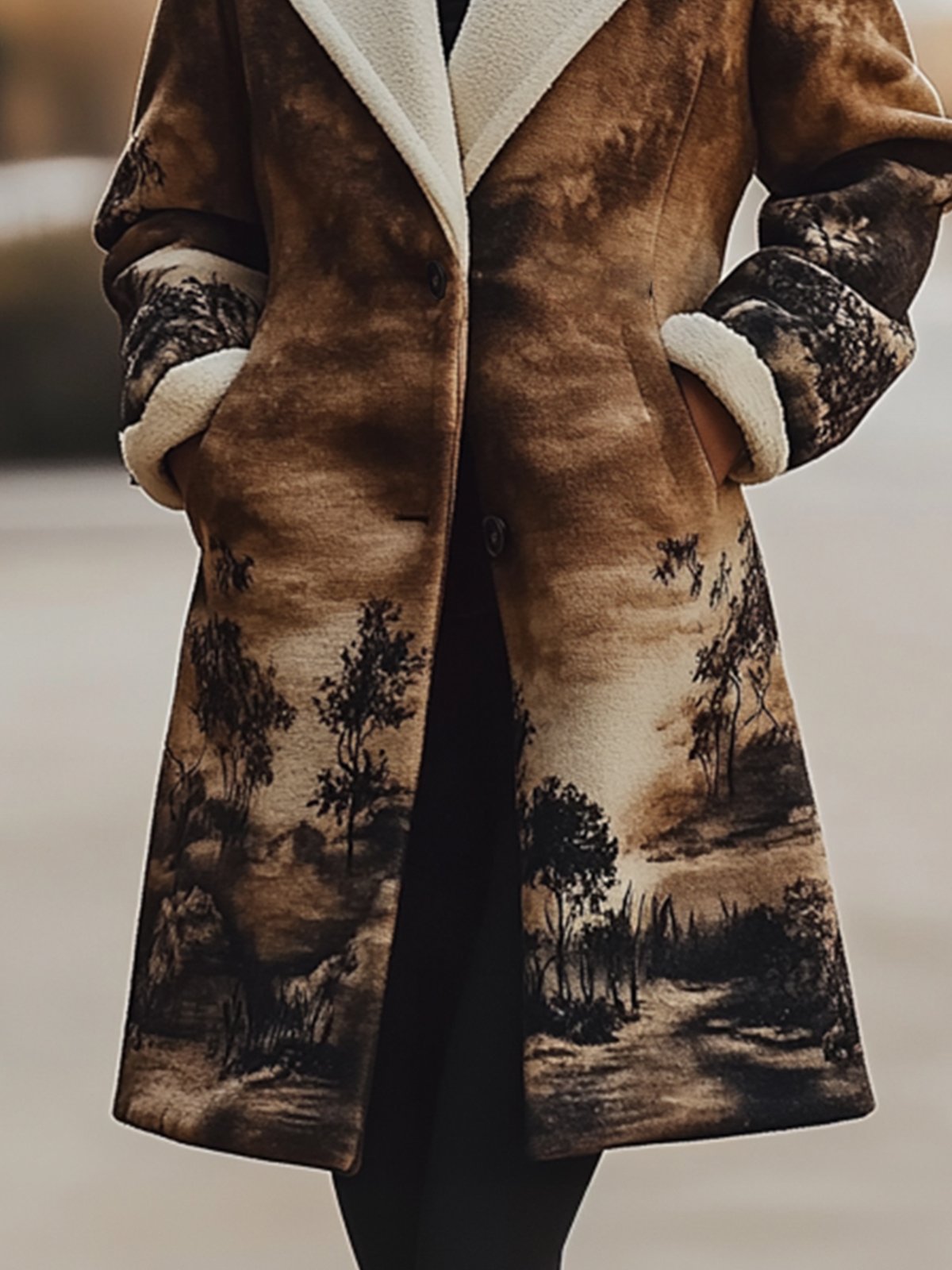 Suede Coat With Landscape Painting Print