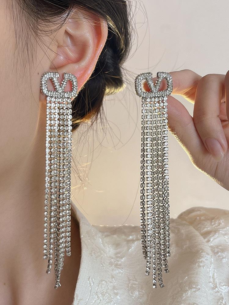 V Letter Full Diamond Tassel Earrings