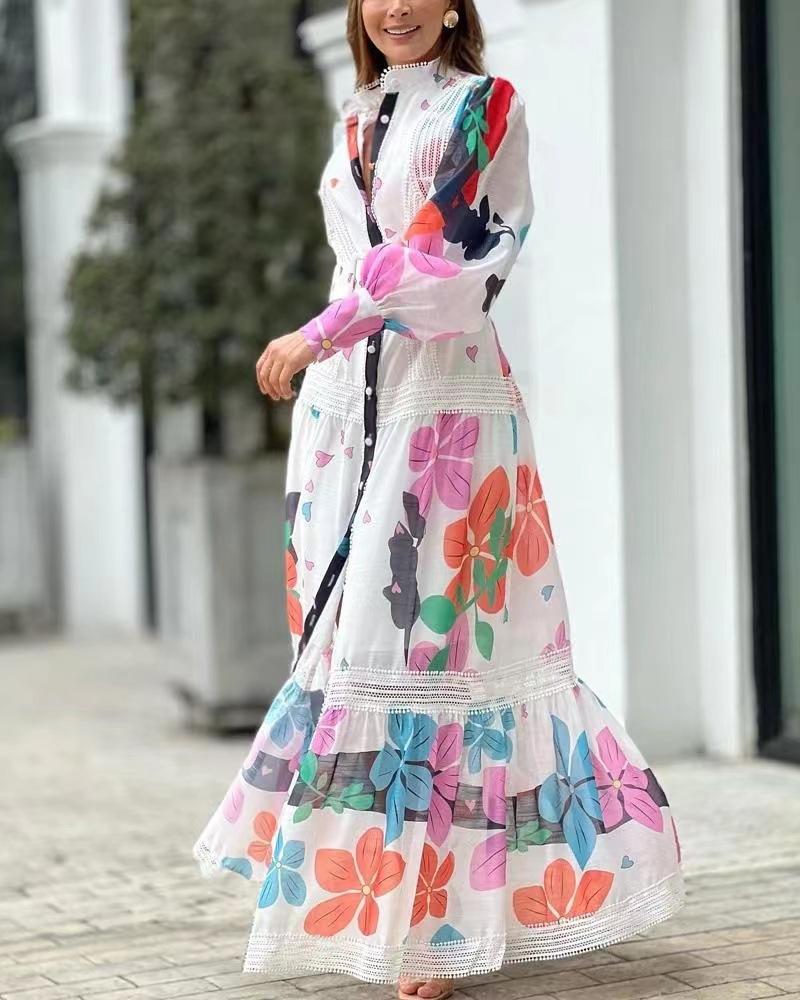 Belted Buckle Flower Print Lace-Up Maxi Dresses