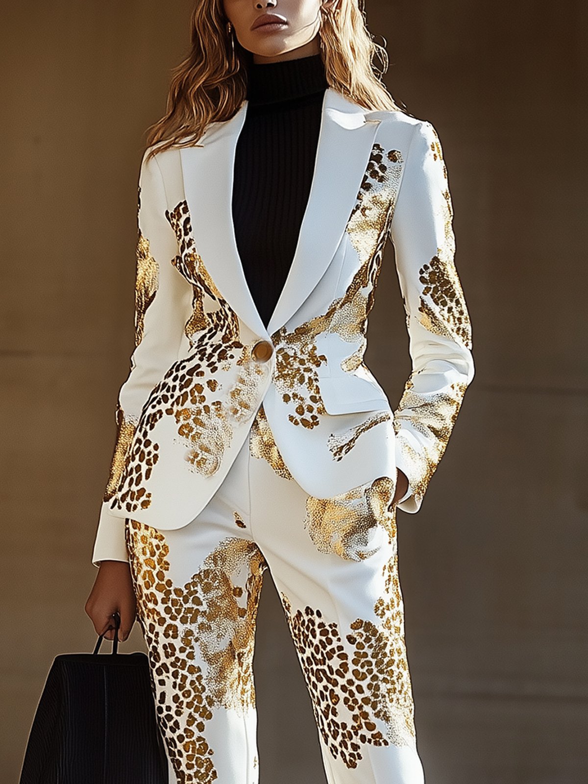 Refined White Satin Blazer With Leopard Print