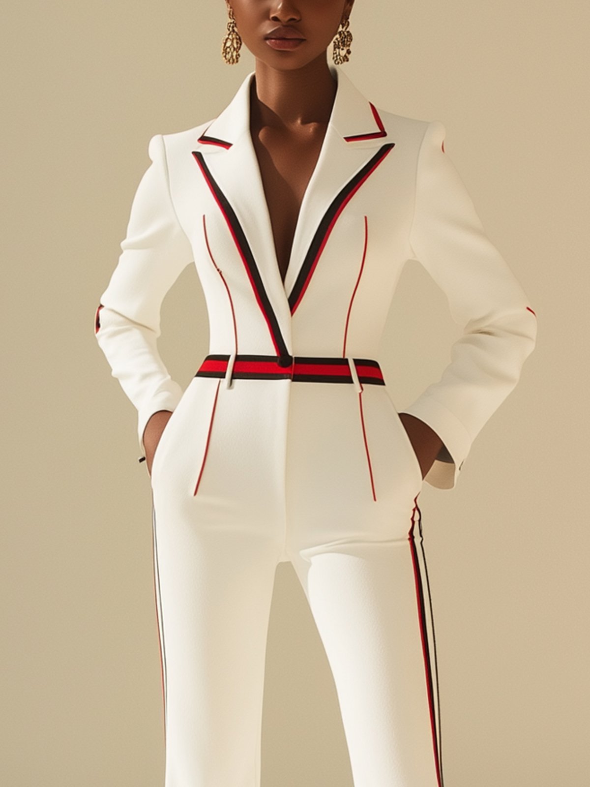 Fashion White Jumpsuit With Red Black Line Design