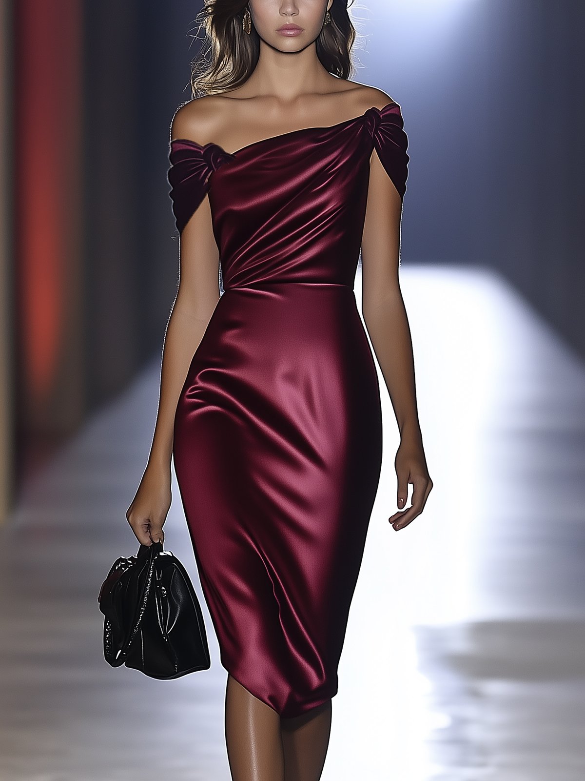 Burgundy Off-Shoulder Satin Bodycon Dress