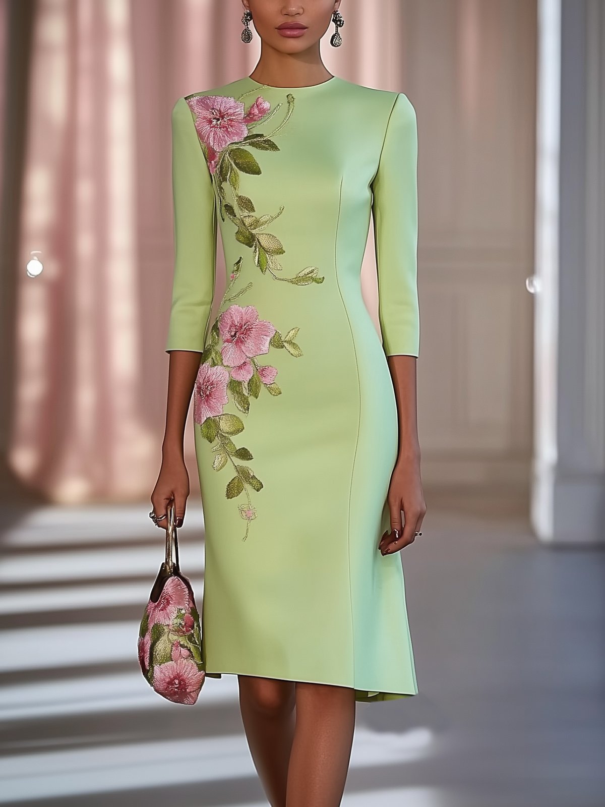 Light Green Floral Embroidery Bodycon Dress