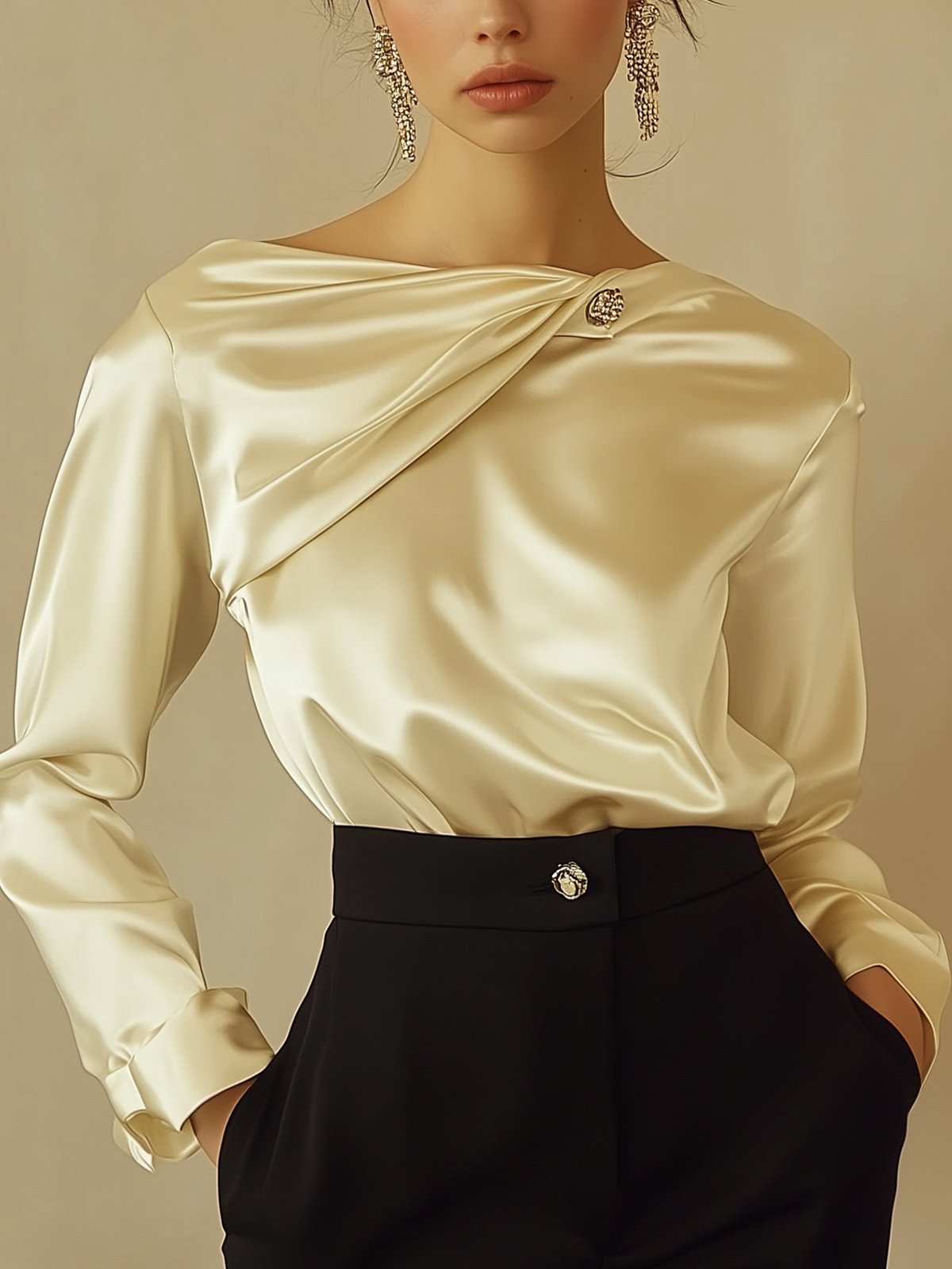 Beige Satin Shirt With A Stylish Collar Design