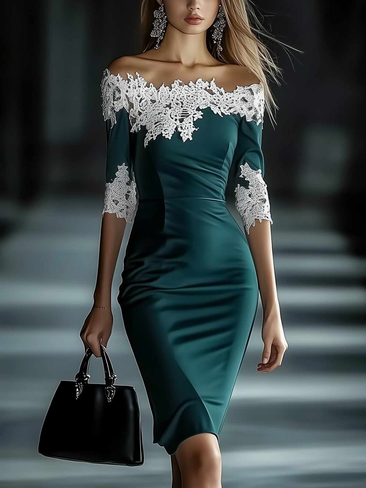 Green Off Shoulder Half Sleeve Lace Panel Bodycon Dress