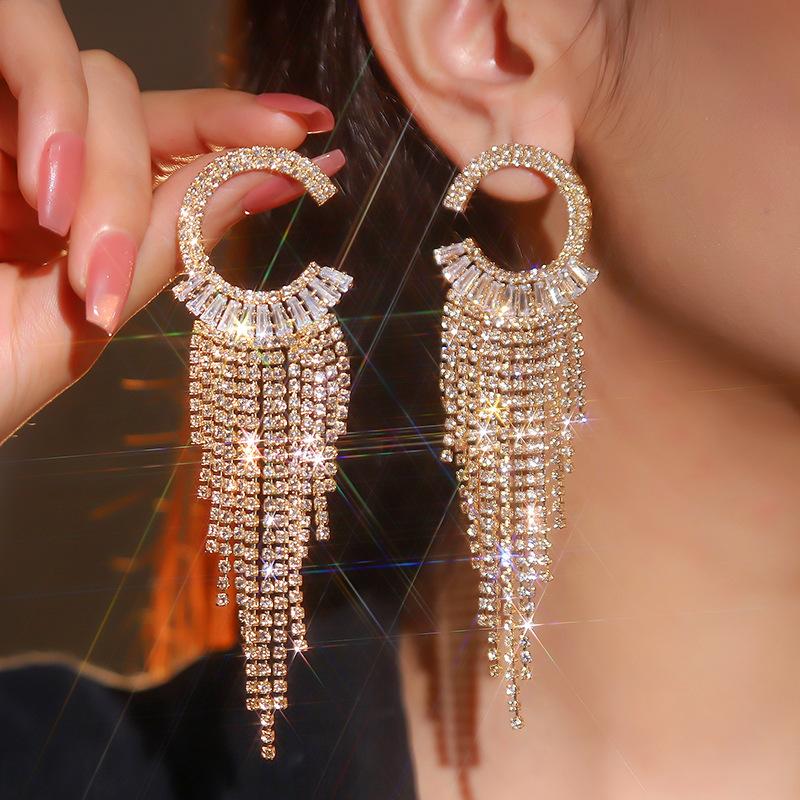 Long Tassel Rhinestone Drop Earrings