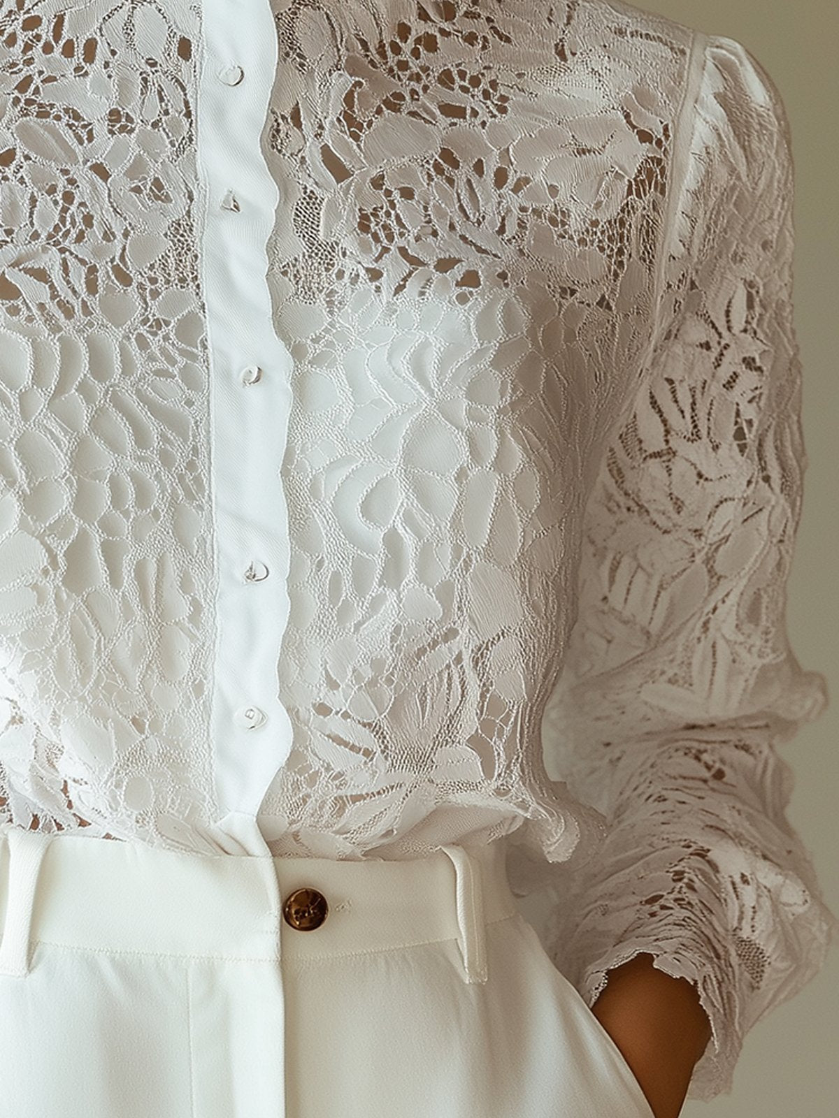 Fashionable Stand Collar Single-Breasted White Lace Blouse