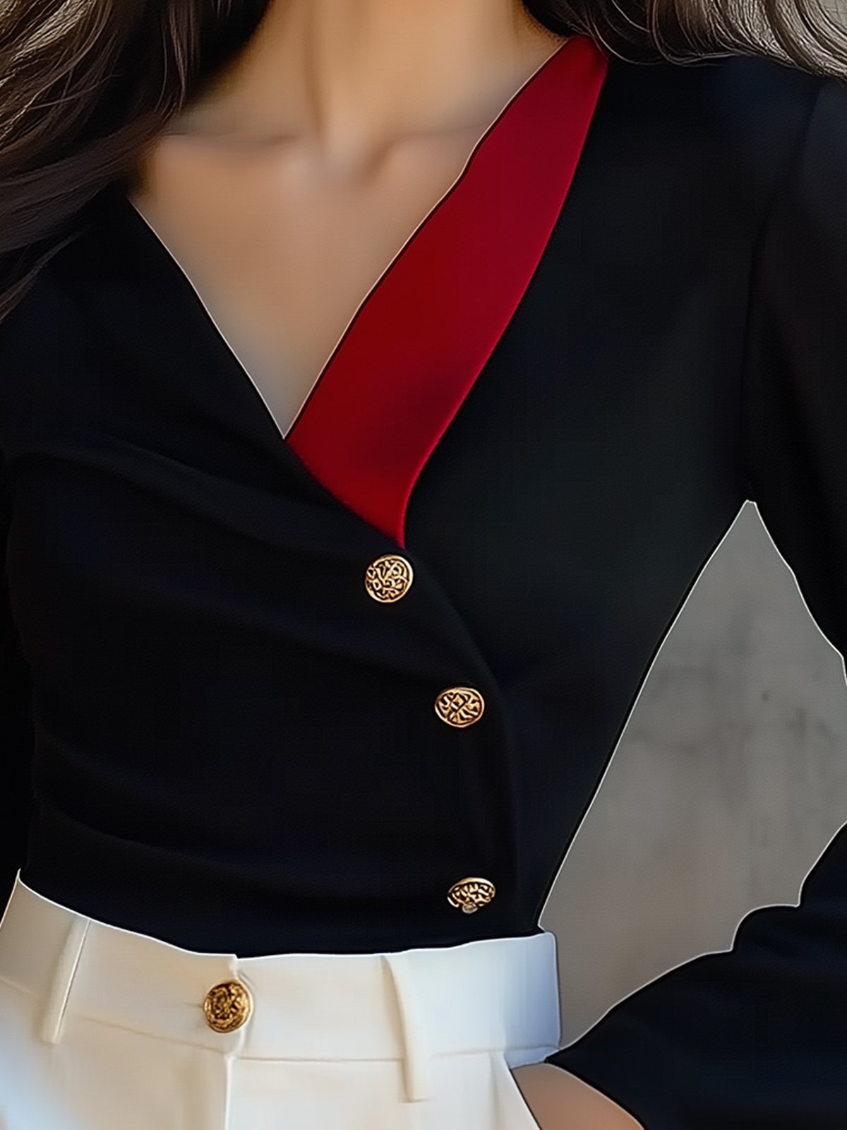 Unique Color-Block V-neck Blouse With Gold Single-Breasted Buttons