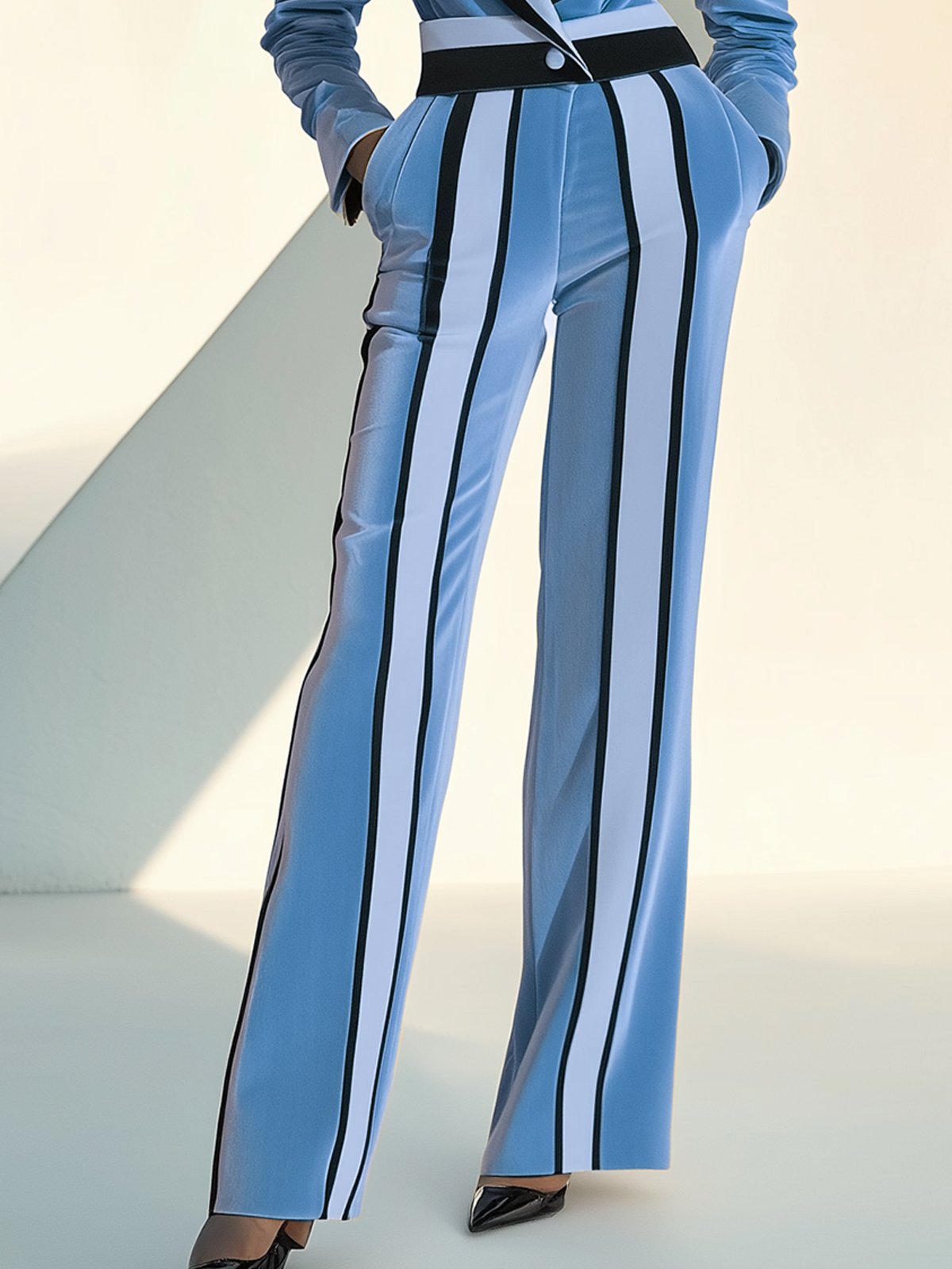 Elegant Blue Velvet Striped Jumpsuit