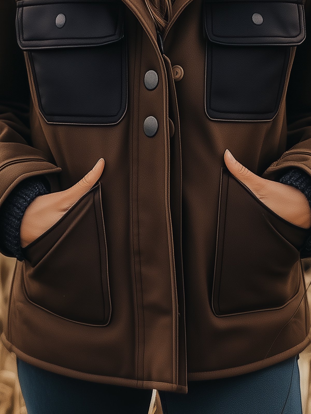 Brown Warm Jacket With Black Pockets